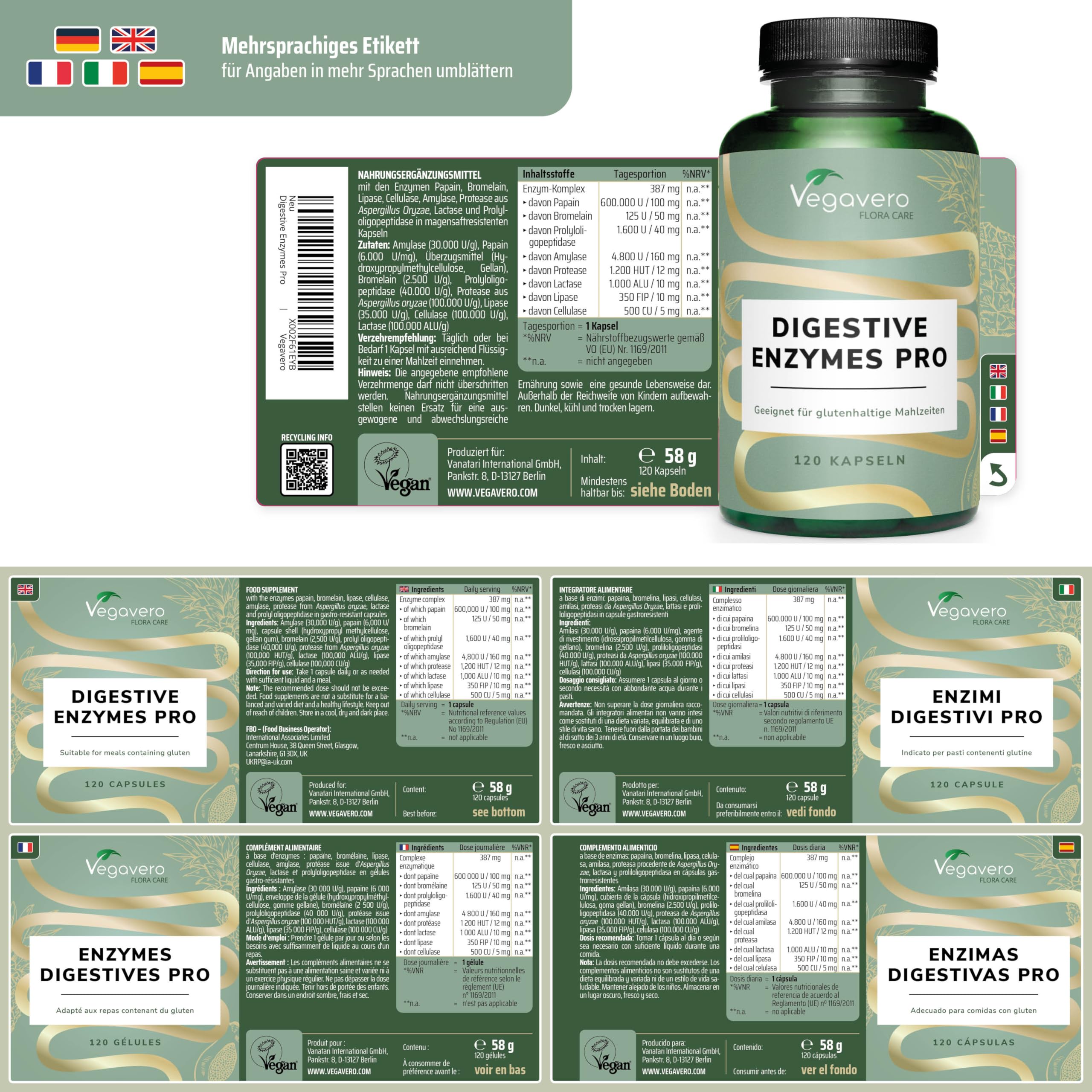 Vegavero Digestive Enzymes Pro 120 Kapseln - Hochdosierter Enzymkomplex mit Lactase & Prolyl-Oligopeptidase - Verdauungsenzyme für Gluten-, Fett- & Kohlenhydratspaltung - Magensaftresistent & Vegan