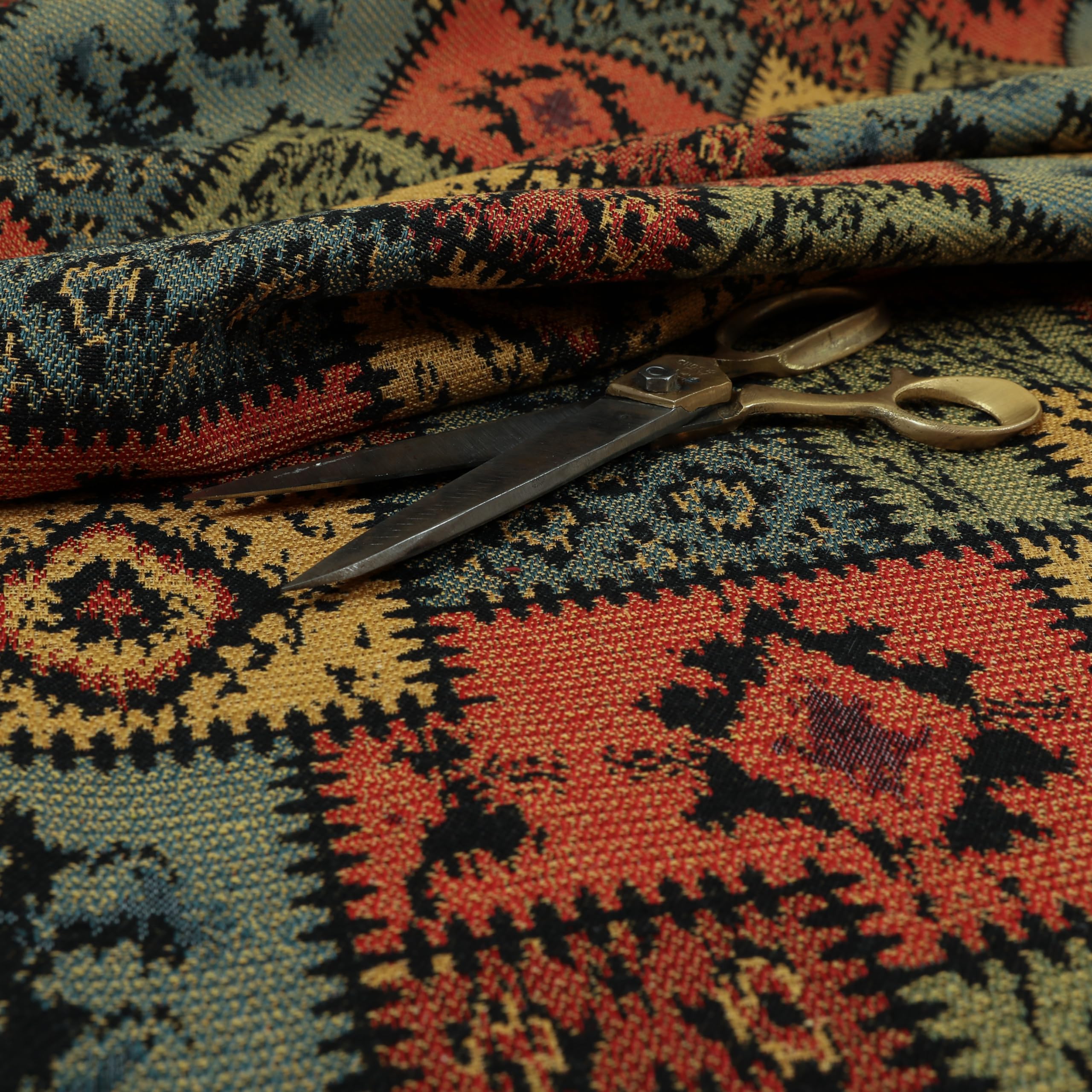 Redbrick Mill Fabrics Flame Retardant Kilim Patchwork Chenille Black Green Orange Blue Upholstery Furniture Fabric (Per Metre)