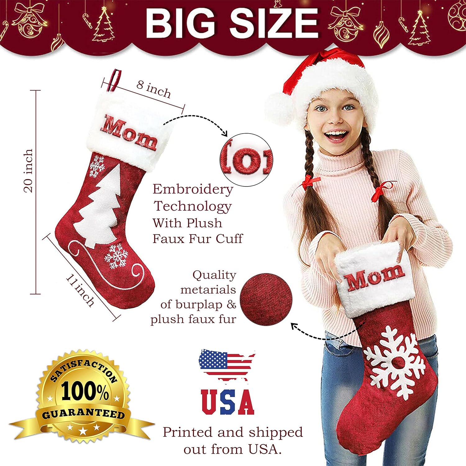 Printualist Personalized Christmas Stockings (18 inch) - Custom Embroidered Name Red Green Ivory Santa Deer Tree Pet Cat Dog- Rustic Farmhouse Fireplace for Family Decorations Holiday