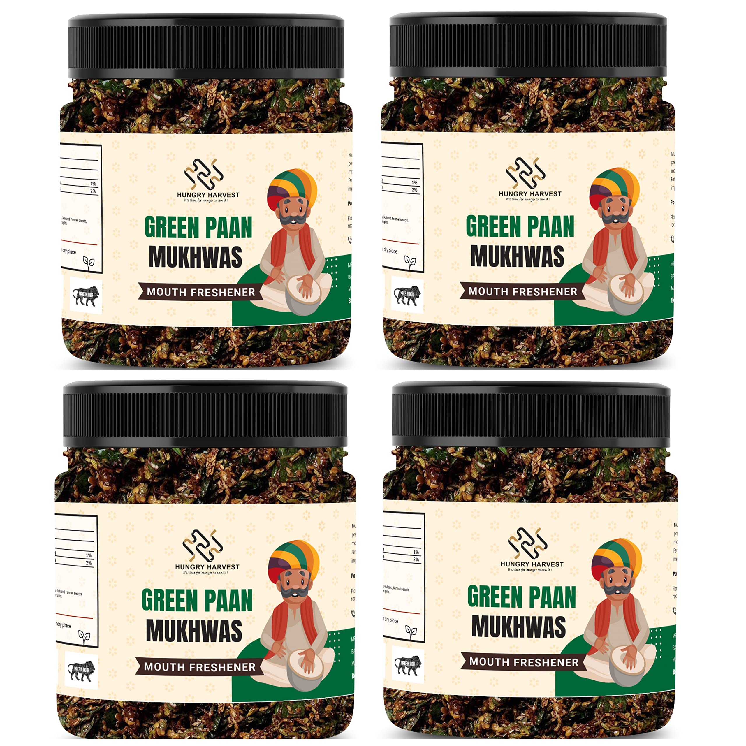 Hungry Harvest Home Made Green Paan Mukhwas Paan Mukhwas Mouth freshener Without supari [Jar Pack] (1200 Grams (Pack of 4 of 300 Grams))