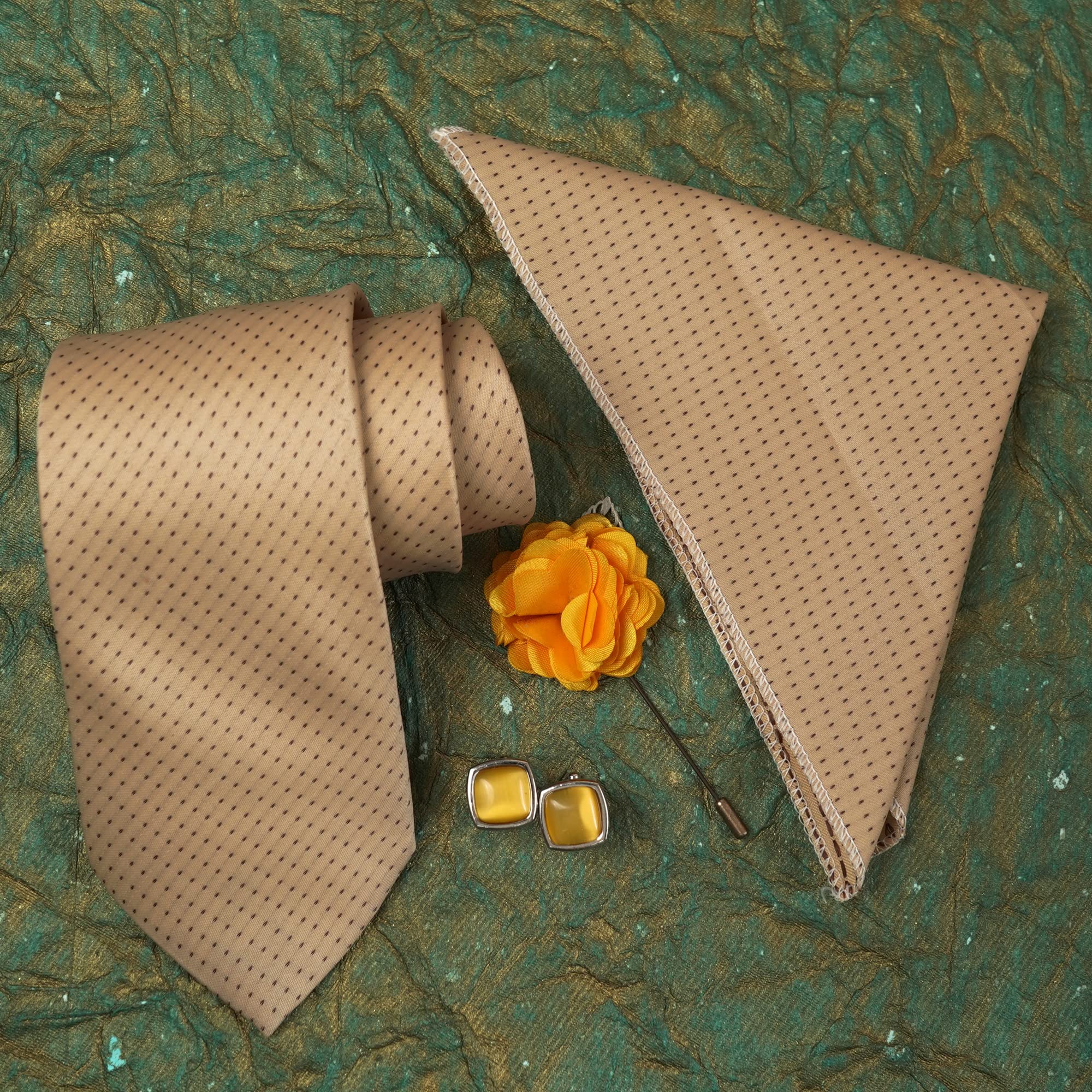 Axlon Tie for Men – Dotted Silk Neck Ties Set with Cufflinks Flower Pin, Pocket Square & Black Gift Box, Combo Necktie Sets for Office Wear, Formal Suits & Weddings (Beige, AXD1BGRX) - Image 6 thumbnail