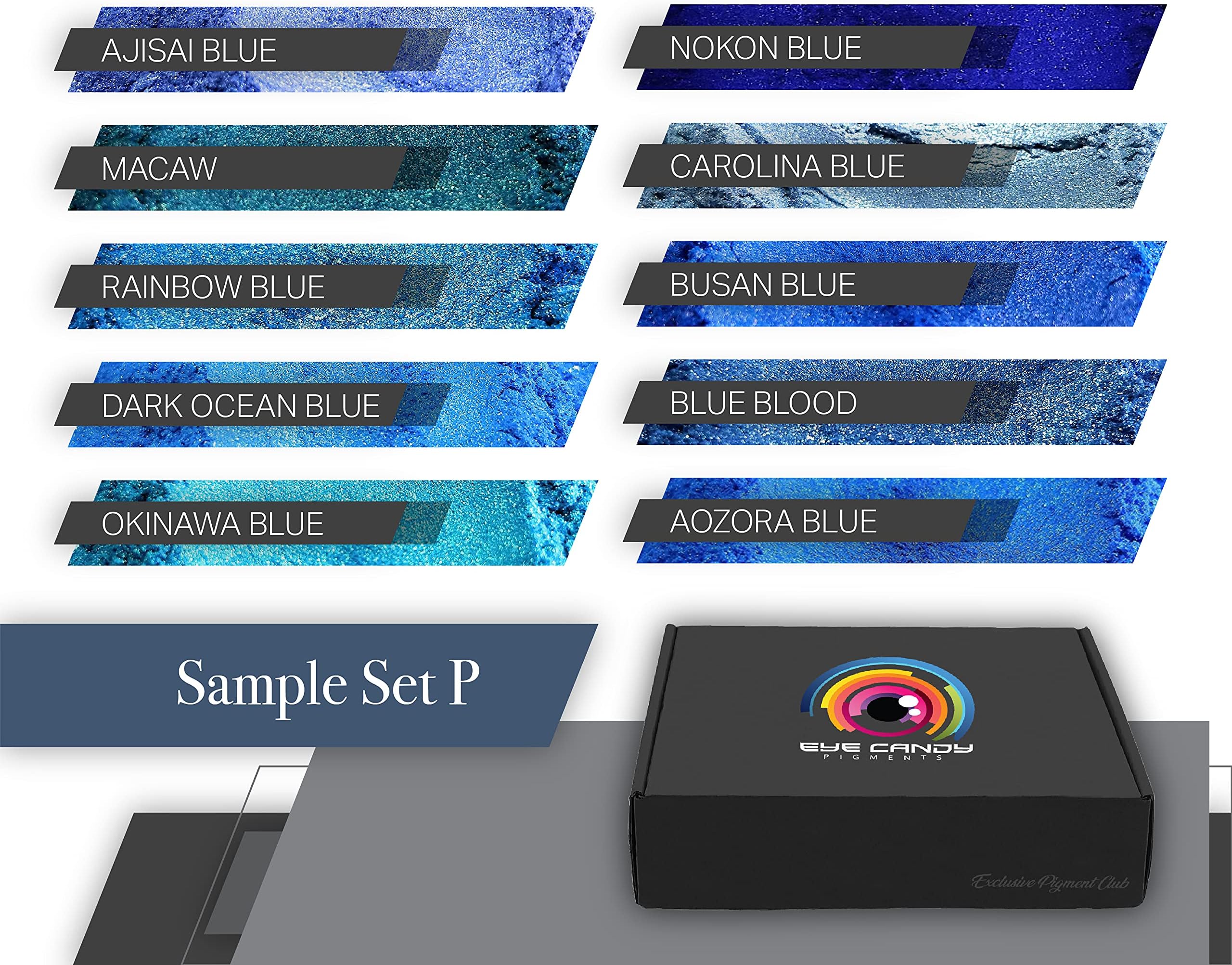 Eye Candy Pigments Blue Mica Pigment Powder Set P - Mica Powder for Epoxy Resin Art - Woodworking - Cosmetic Grade Mica Powder - Bath Bombs - Pigment Powder Variety Pack - 50g - Non-Toxic - Skin Safe