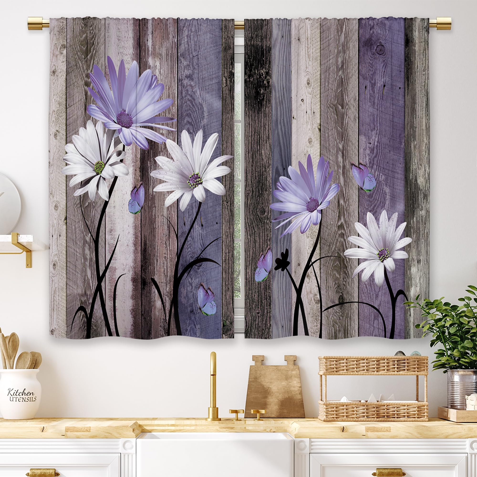 Laifzere Purple Farmhouse Daisy Kitchen Curtains Wooden Flower Small Short Cafe Window Curtains Rustic Floral Butterfly Country Barn Bathroom Drapes Treatment Tier Curtains 2 Panels (27.5x39 Inch) — image 1