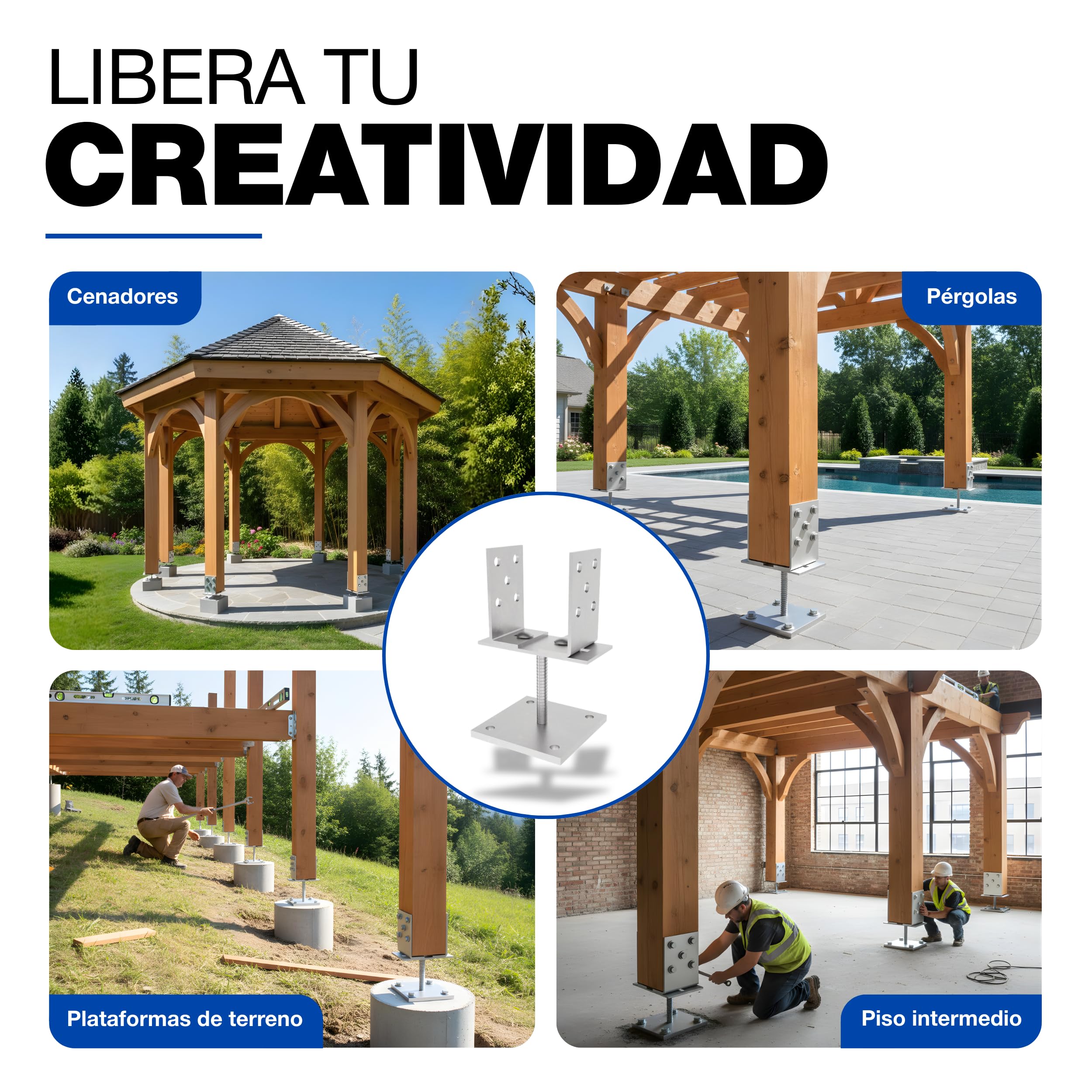 GeZu Impex Soporte de Poste en U Ajustable con Placa 100x100mm | Galvanizado Electrolítico 0-160 mm Ancho Soportes Metálicos Ajustables Tipo U Perno de Anclaje Base de Poste