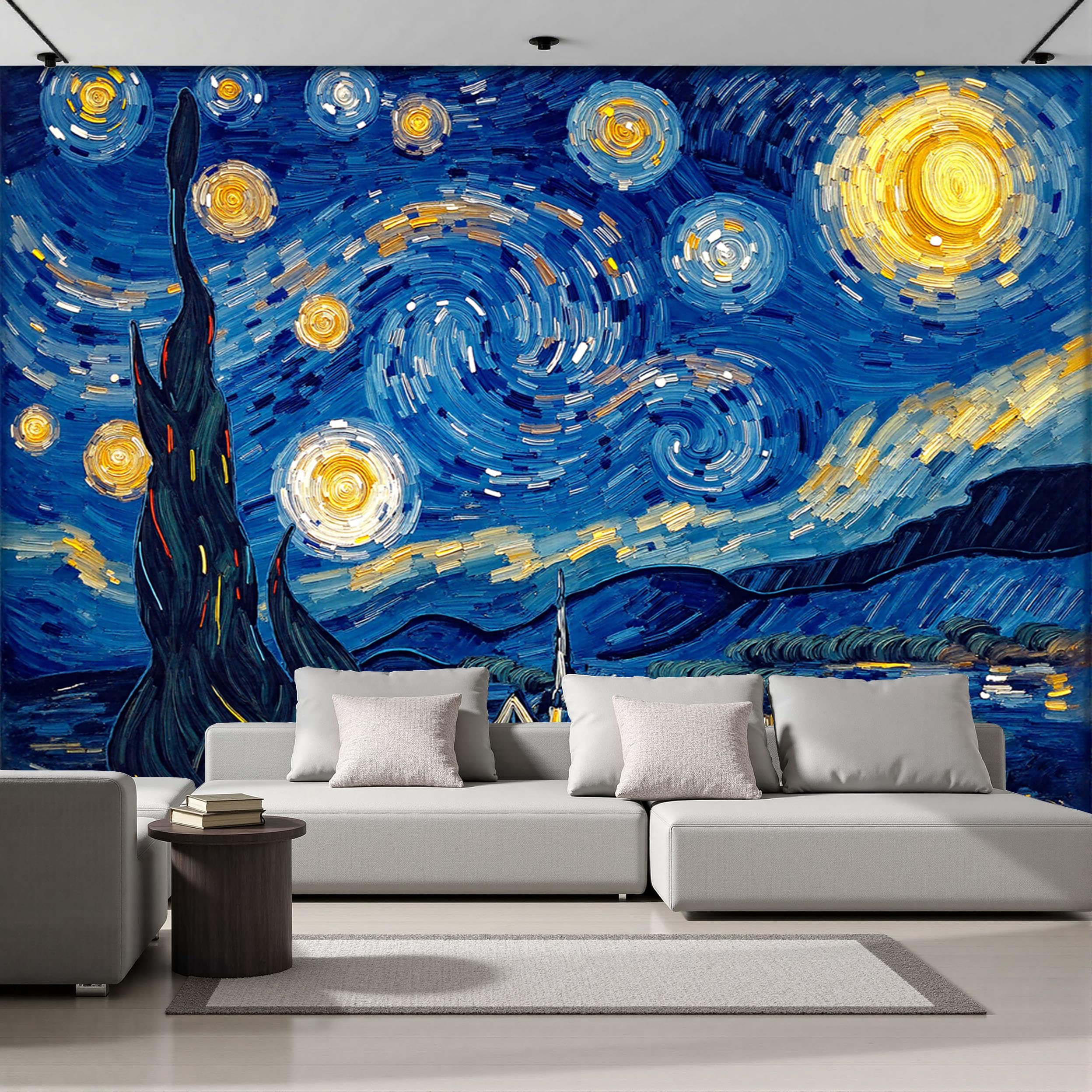 Papier peint panoramique vortex ciel étoilé pour agrandir un salon sombre