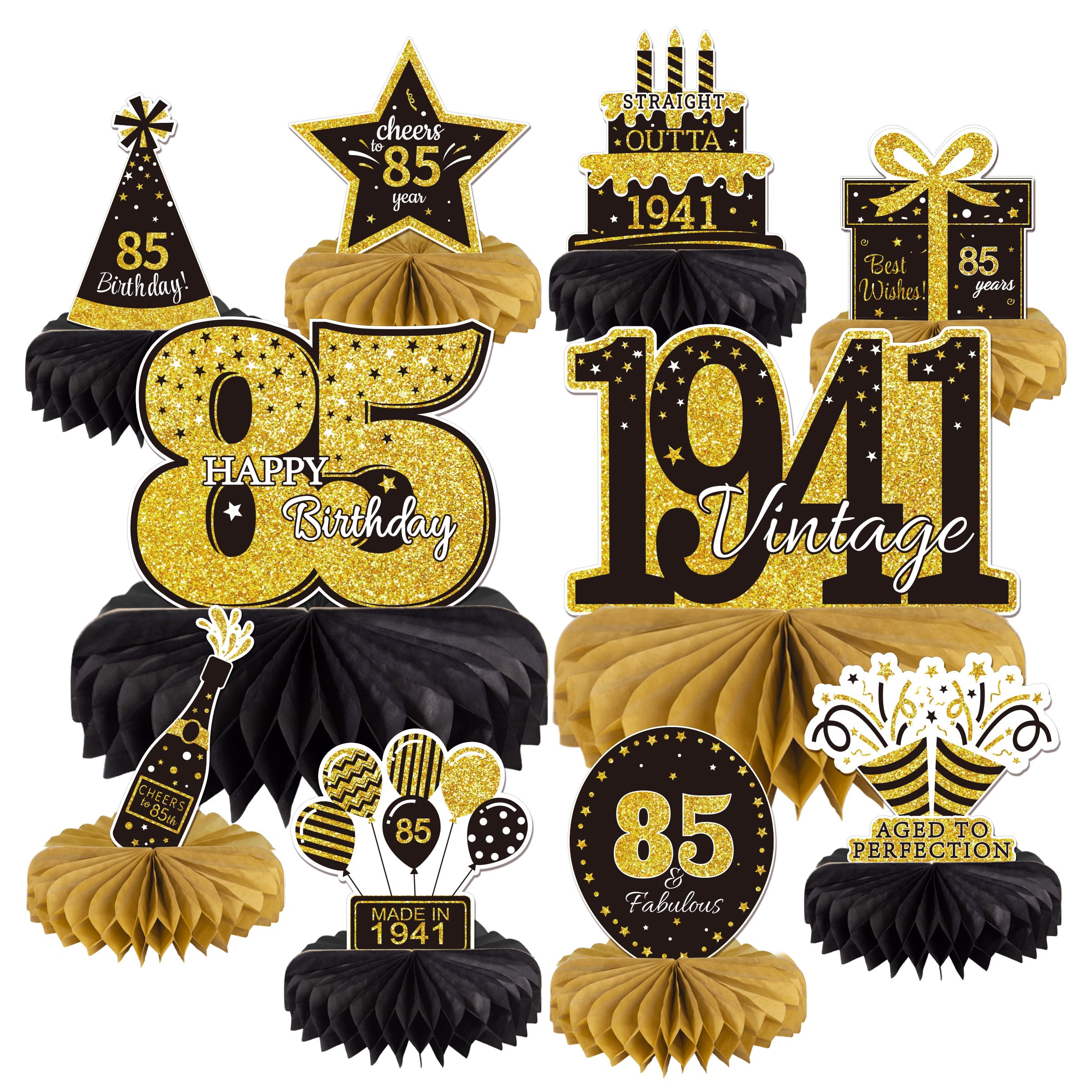 10PCS 85th Birthday Decorations Centerpieces for Table Decorations, 2026 Vintage 1941 Honeycomb Table Topper Back in 1941 Birthday Party Decoration for Men and Women (Gold &amp; Black, 85 Years)
