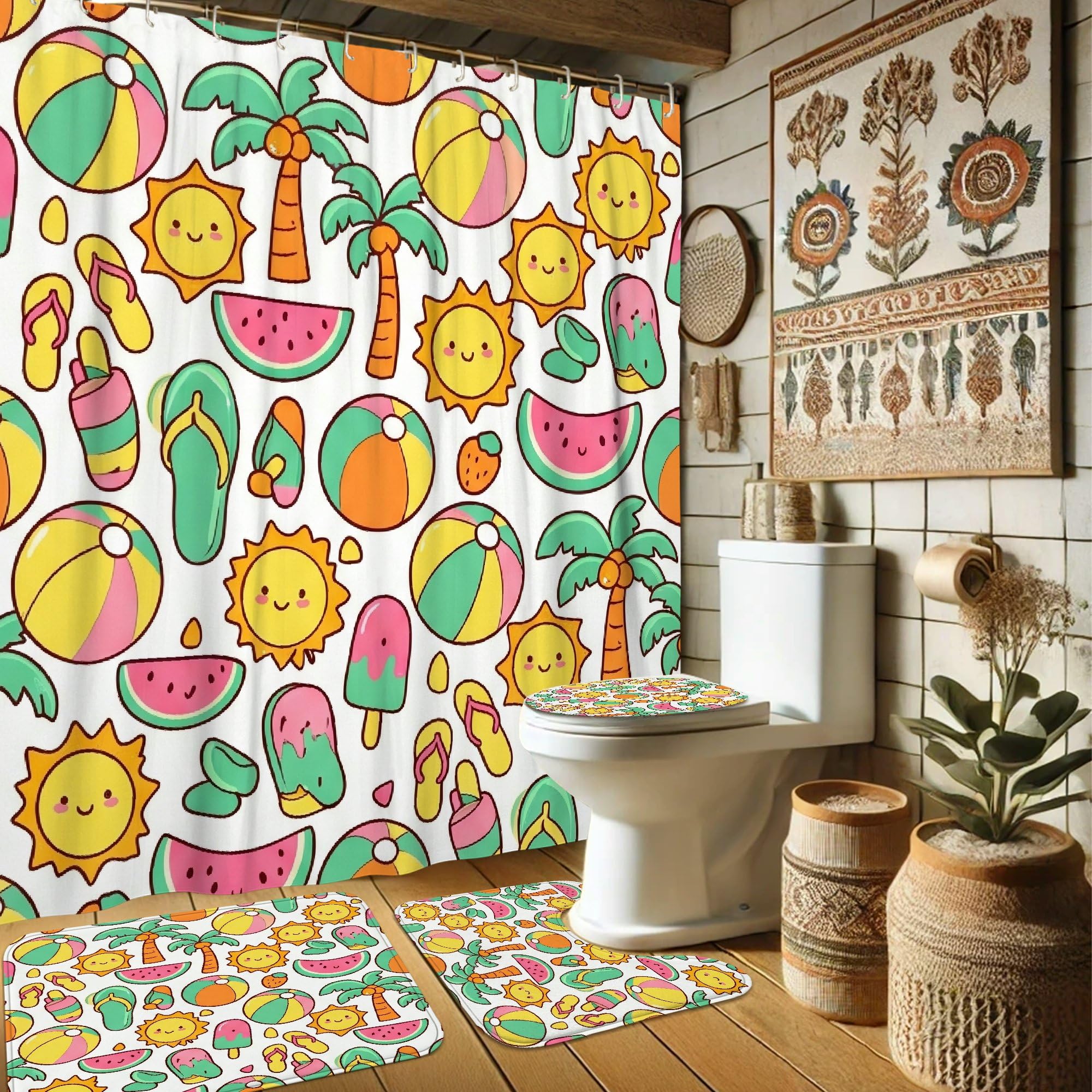 Rideau de douche lavable jaune motif pastèque avec crochets inclus