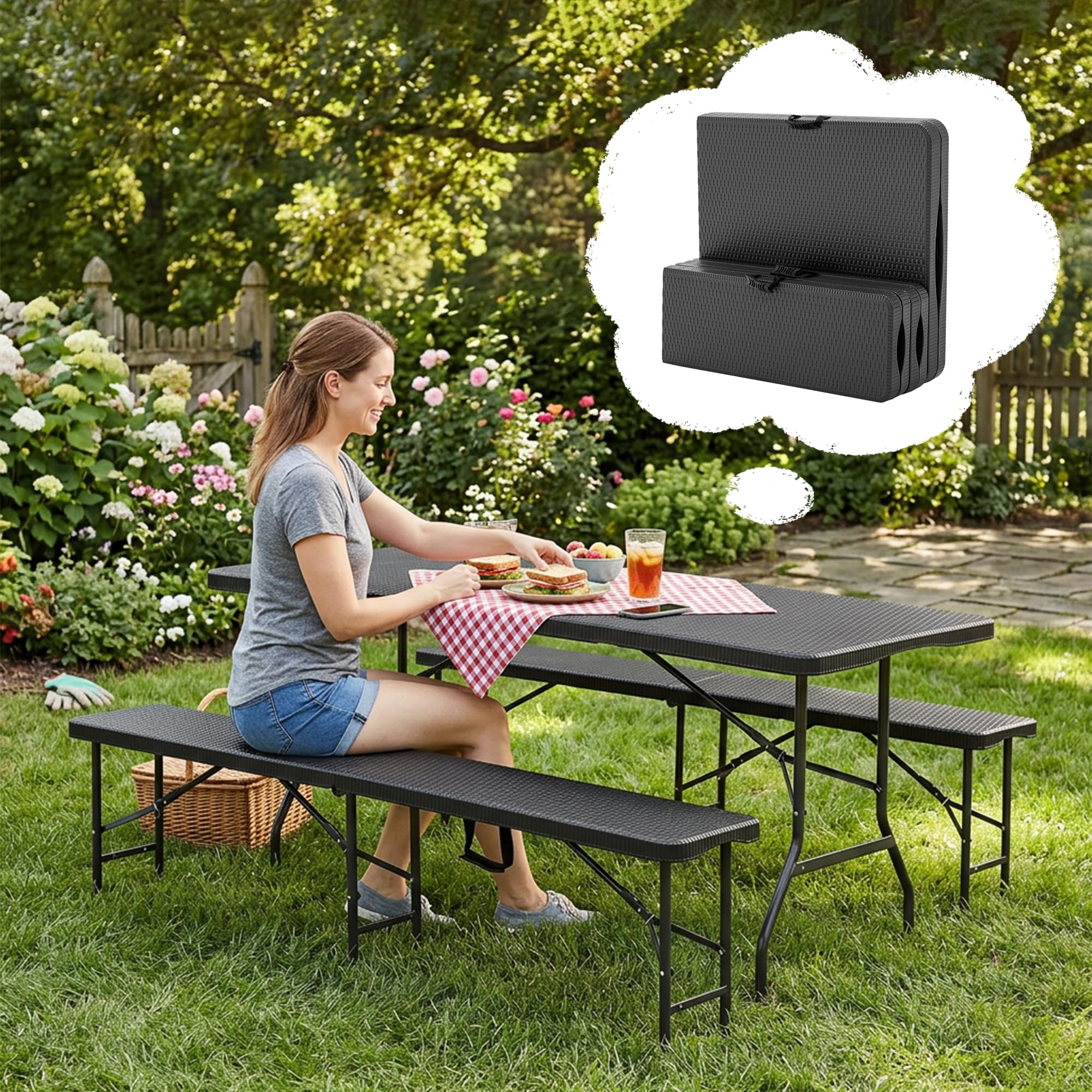 Thanaddo Buffettisch Gartentisch Bierzeltgarnitur Tisch, klappbar 3-teilig Set, 180x74 cm Kunststoff Campingtisch, Rattan-Look für bis zu 8 Personen, robuste wetterfest Biertisch Set, Anthrazit