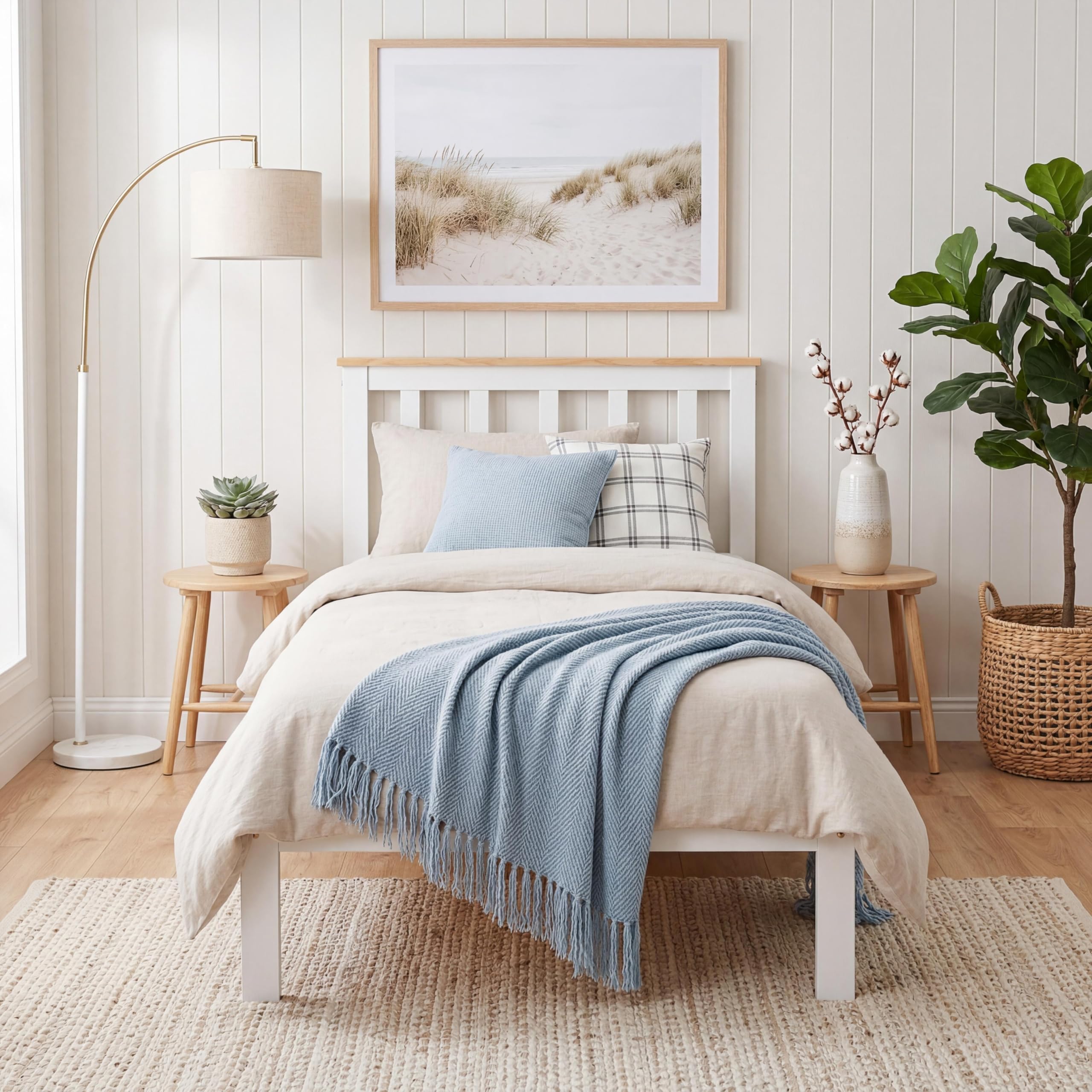 Panana Single bed in White/Natural, Wooden Bed Frame with headboard, Solid Wood 3ft Bed Frame, 90x190cm (White + Natural)