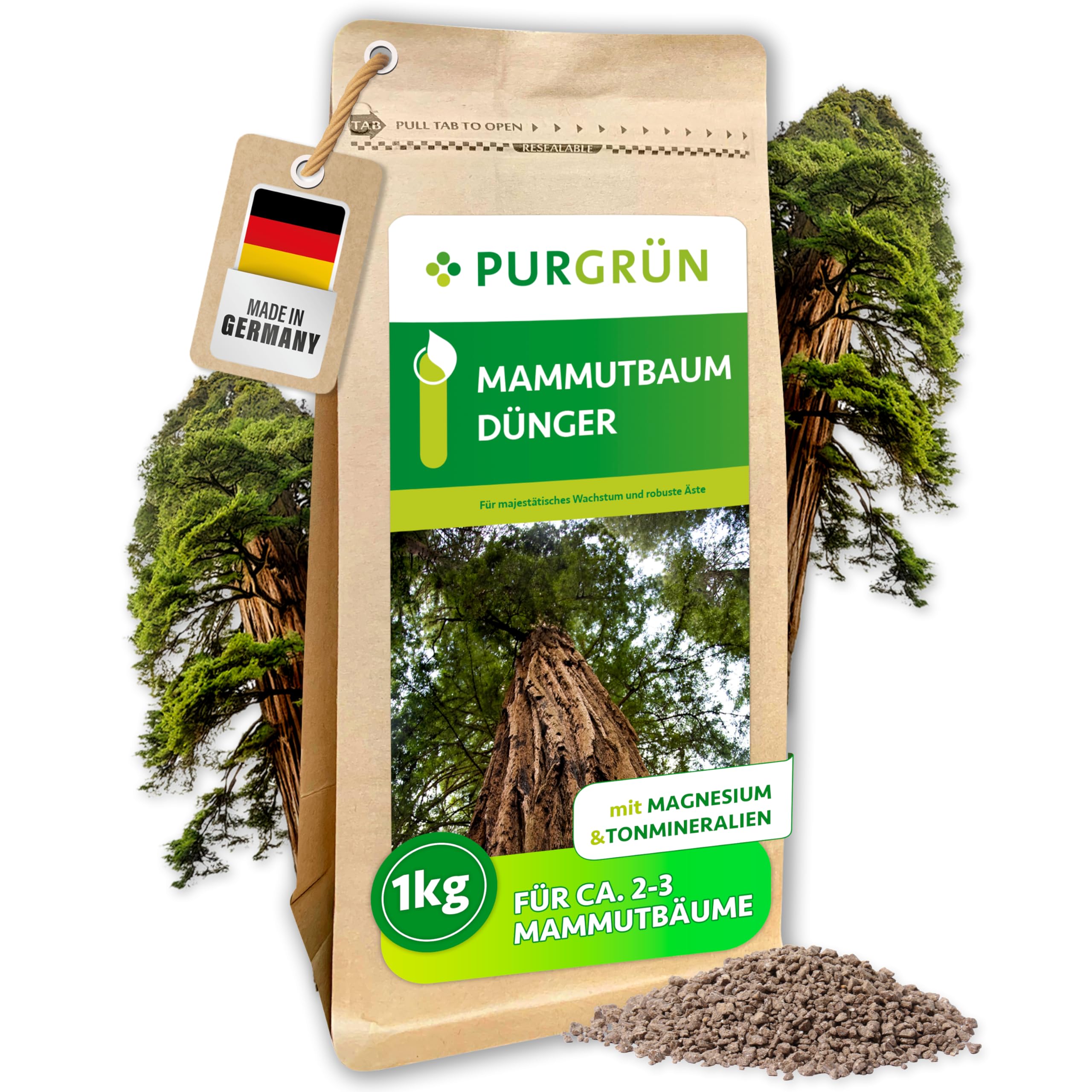 Mammutbaum-Dünger 1 kg – Extra Magnesium für schützt vor Nadelverfärbungen – Verbessert die Bodenqualität mit Tonmineralien – Feinkörniges Krümelgranulat für 3-4 Mammutbäume – chloridarm