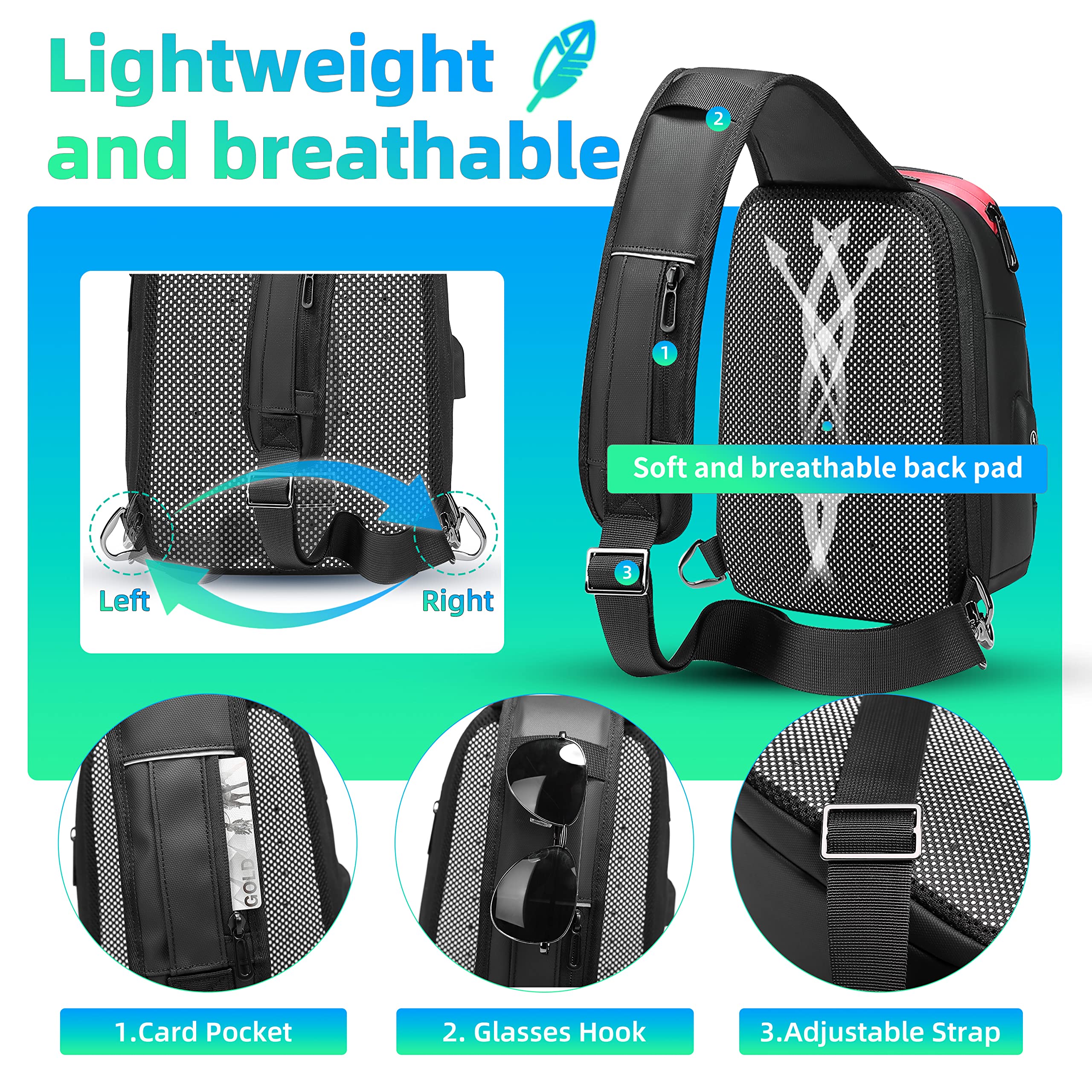 Zaino Monospalla Uomo Grande Marsupio Tracolla Impermeabile con Porta di Ricarica USB per Casual Ciclismo Trekking Viaggio Lavoro Sport-Nero