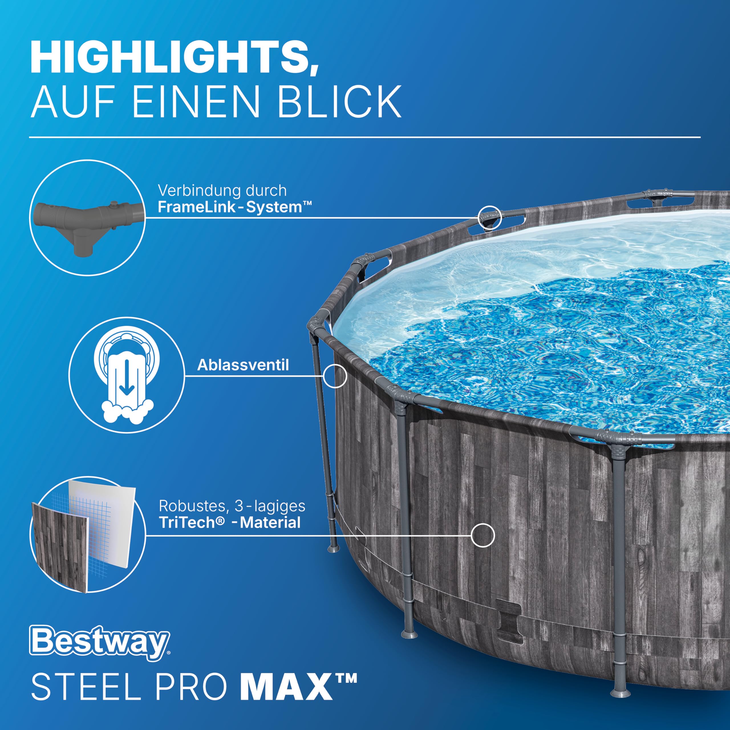 Bestway Steel Pro MAX Solo Pool ohne Zubehör 366 x 100 cm, Holz-Optik (Mooreiche), rund