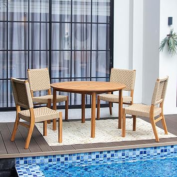Cambridge Casual Nassau 5-Piece Teak Wood Patio Dining Set for 4 with Umbrella Hole, Round Table and 4 Chairs for Garden, Backyard and Poolside, Tan