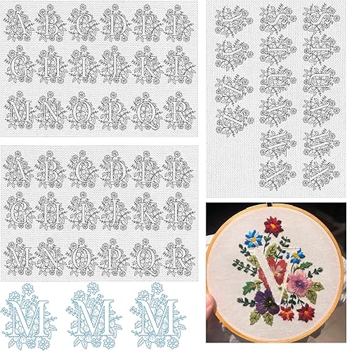 52 estabilizadores de patrones de bordado solubles en agua, papel de transferencia de bordado de palo y puntada con patrones de letras florales para