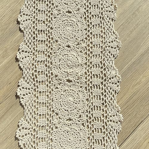 Miniatura 4 de Phantomon Camino de mesa ovalado de encaje, manteles individuales de ganchillo hechos a mano, 100% algodón (beige ovalado, 12 x 35 pulgadas)