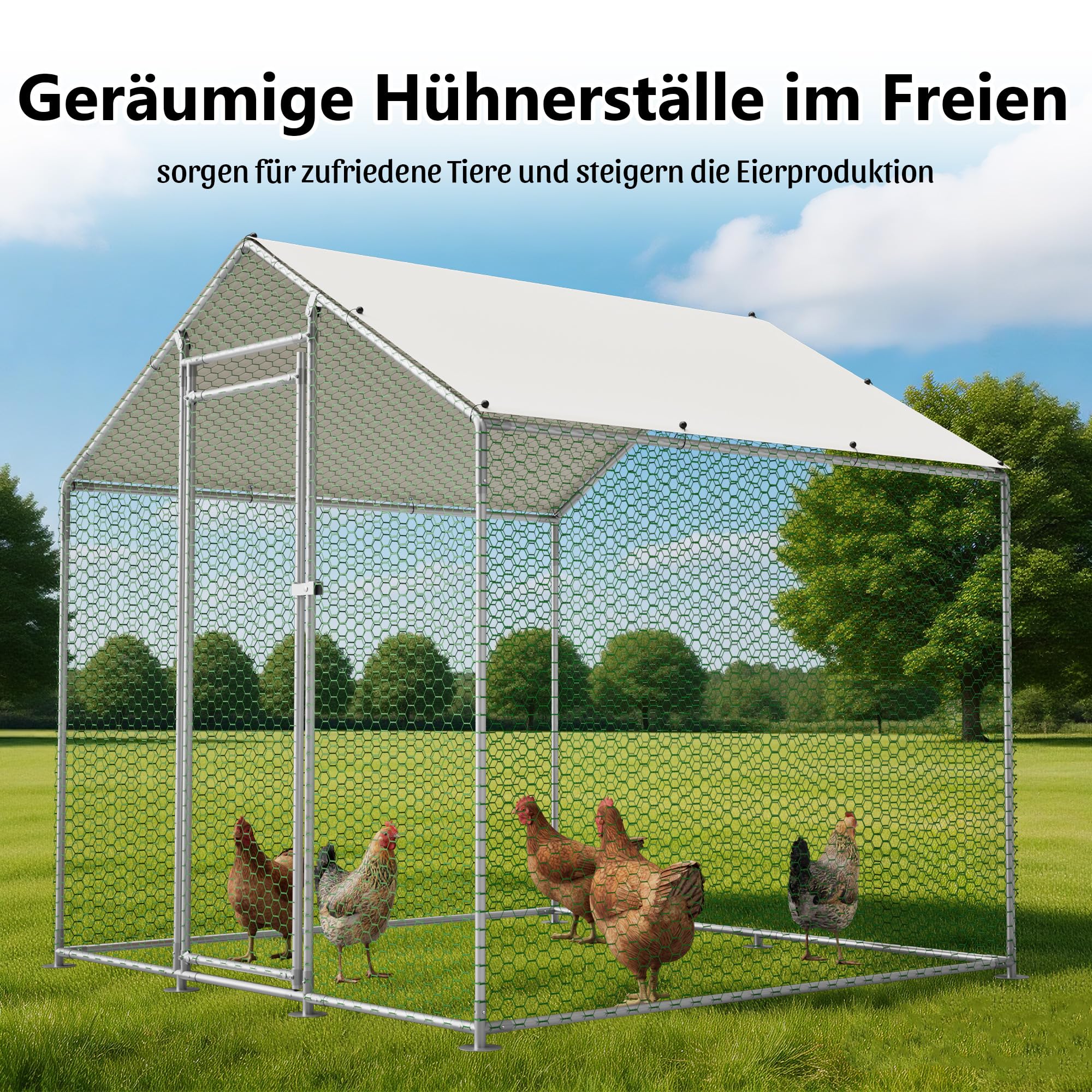 Thanaddo Hühnerstall Metall Freilaufgehege, 2x2 m Freilaufgehege Hühner mit PE-Tuch, Verzinkter Stahl Kleintierstall mit Riegelsystem-Tür für Hühner Haustierkäfig Hühnerkäfig Kleintiere Garten