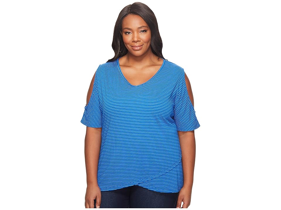 

Extra Fresh by Fresh Produce Plus Size Pinstripe Crossover Escape Top (Electric Blue) Women's Blouse