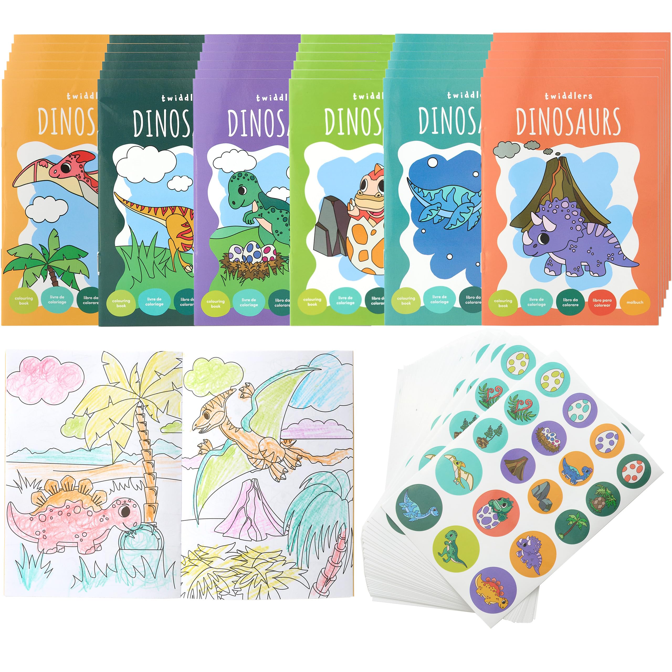 THE TWIDDLERS 36 Mini Libri da Colorare per Borse da Festa, con Adesivi - Tema Dinosauri, Mini Libri A6 per Bambini, Età 4-8 Anni, Piccoli Libri da Colorare Perfetti per Riempire le Borse da Festa