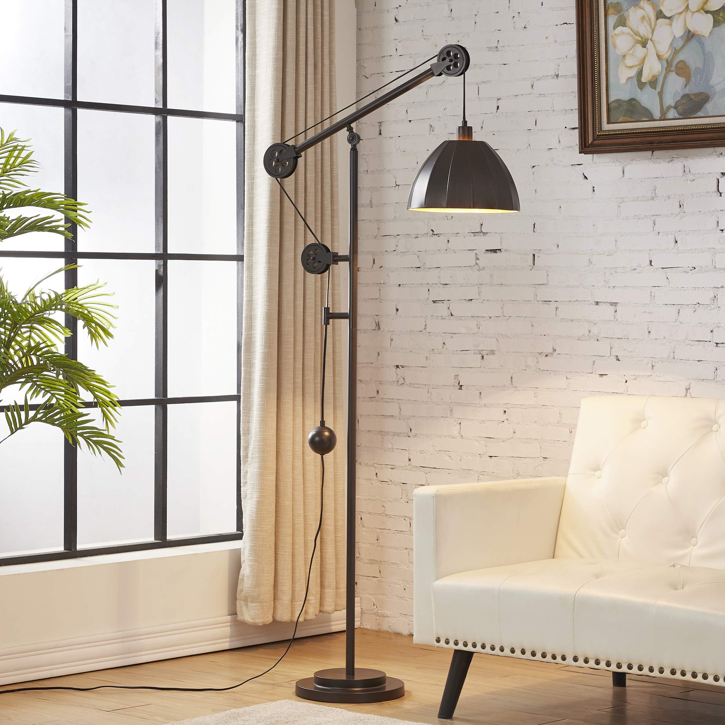 Industrial Counterweight Pulley Floor Lamp with Adjustable Metal Shade