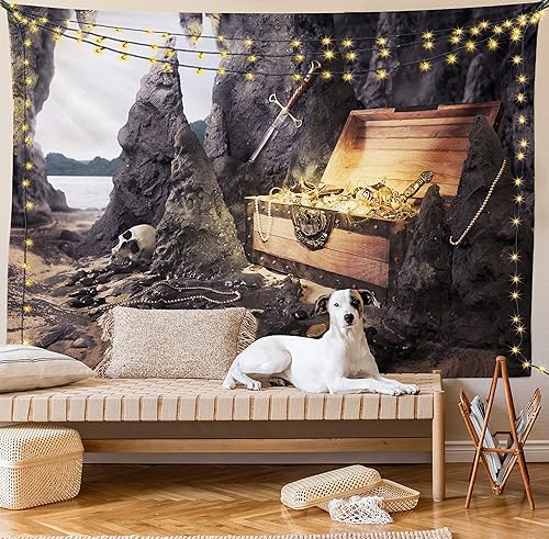 Miniatura 8 de Ambesonne Tapiz de fantasía, cofre del tesoro abierto con monedas de oro en ilustración pirata de cueva, colgante de pared ancho para dormitorio,