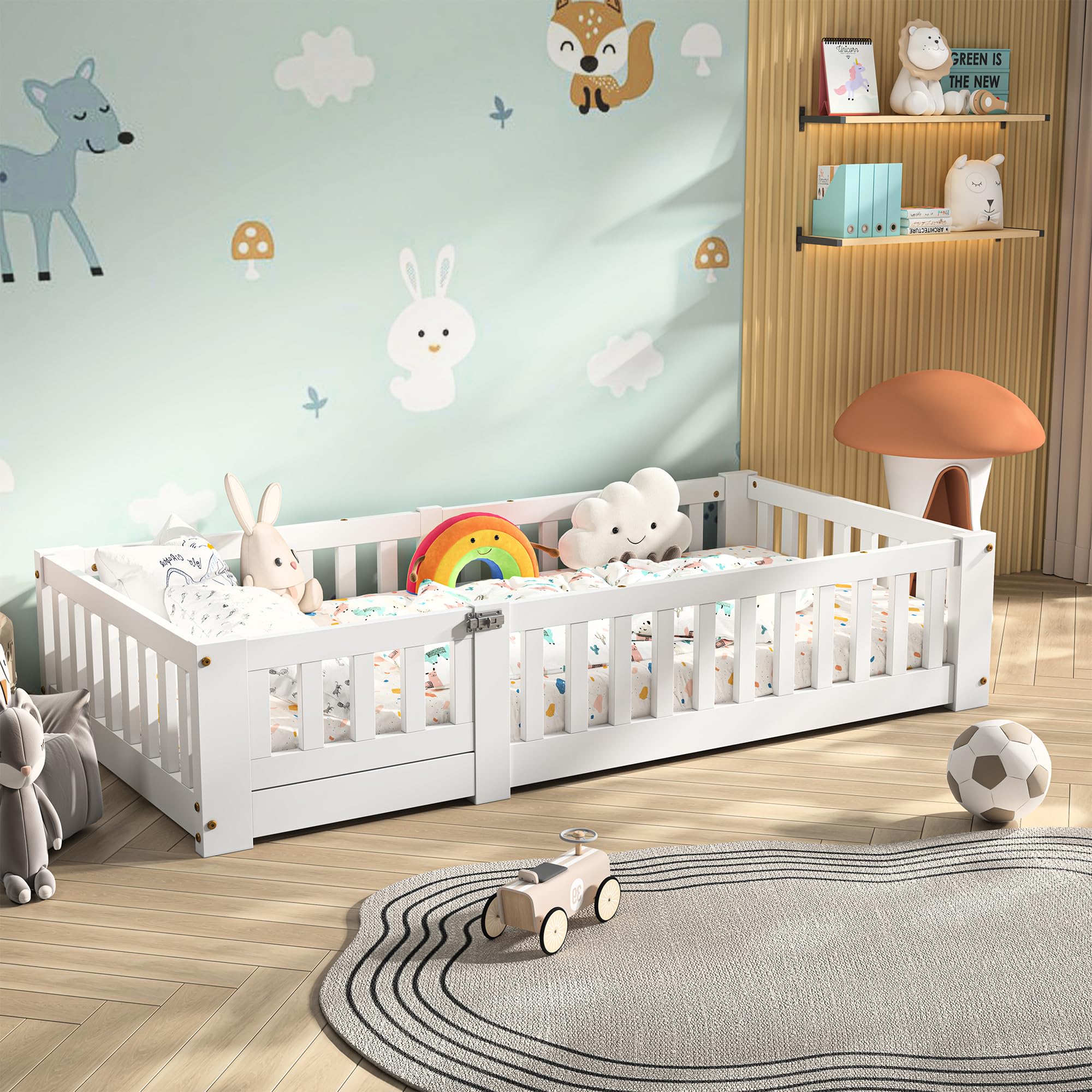 Cama infantil 90x190 cm, cama Montessori en el suelo de madera maciza pino con protección contra caídas y somier de láminas, cama de barrotes para niños y niñas, color blanco