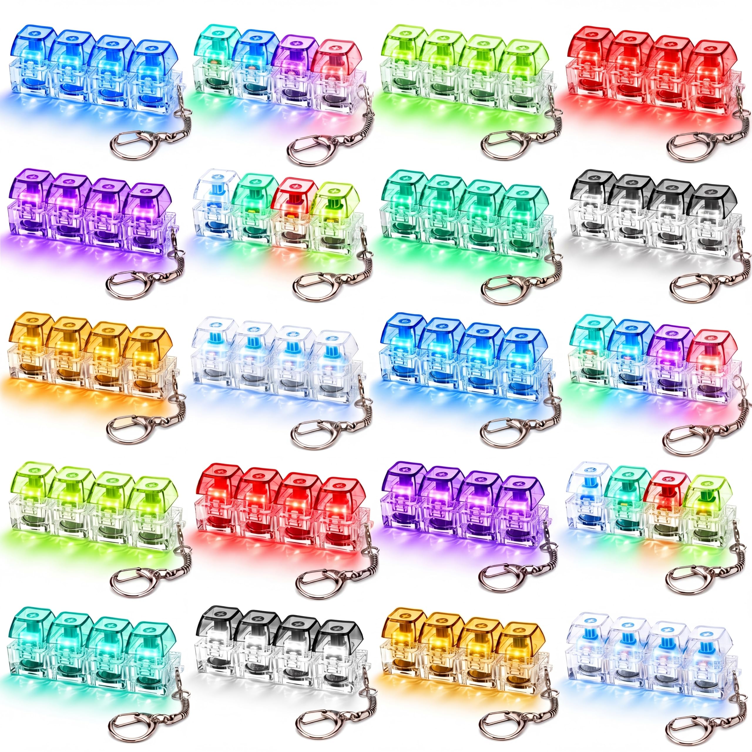 Blulu Lot de 20 porte-clés lumineux avec lumière LED - Mini clavier mécanique - Jouets pour soulager l'anxiété et le stress - Multicolore (transparent)