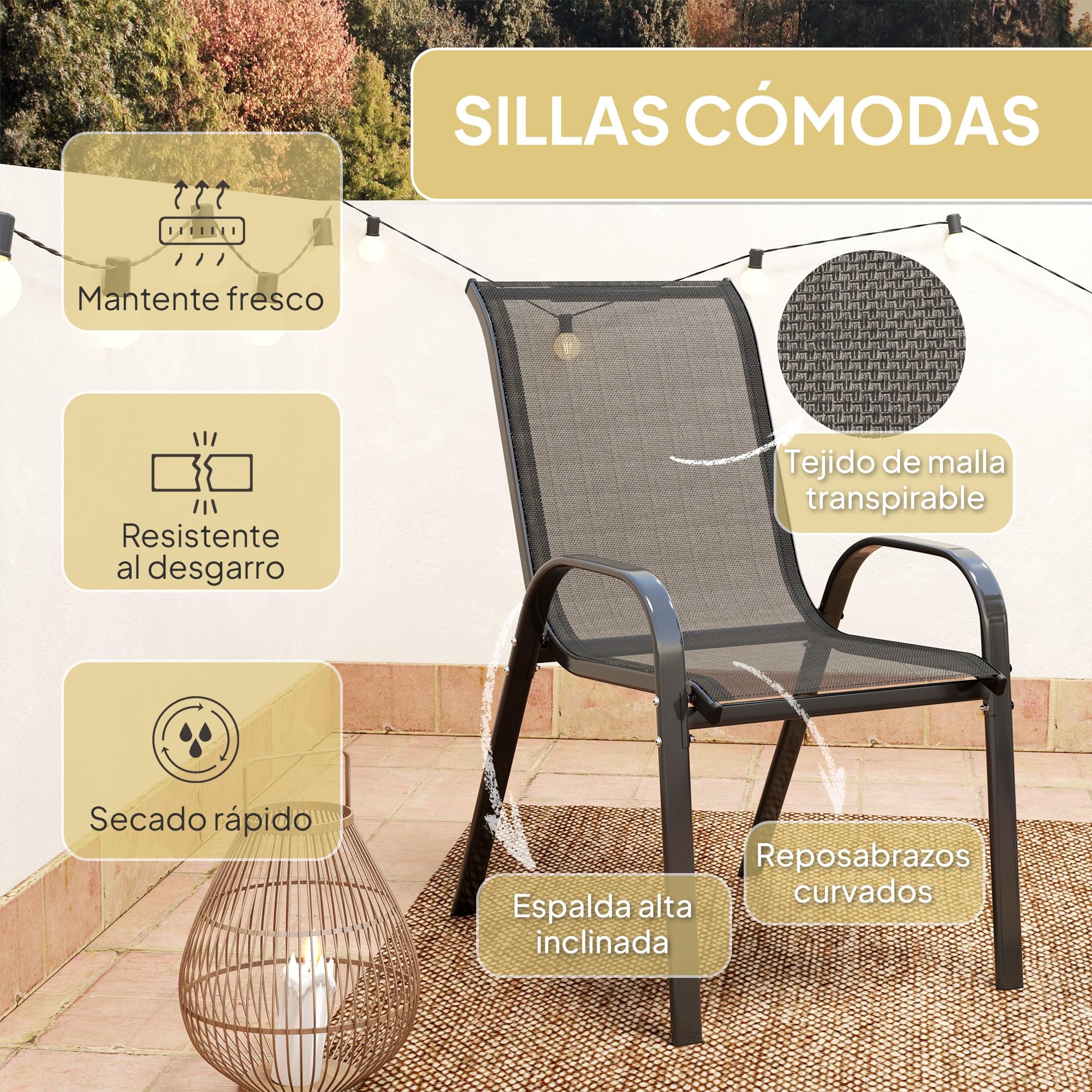 Outsunny Conjunto de Mesa y Sillas de Terraza Exterior de 3 Piezas, Muebles de Jardín Exterior con Sillas Apilables, Encimera de Vidrio y Estructura de Acero, para Patio, Negro