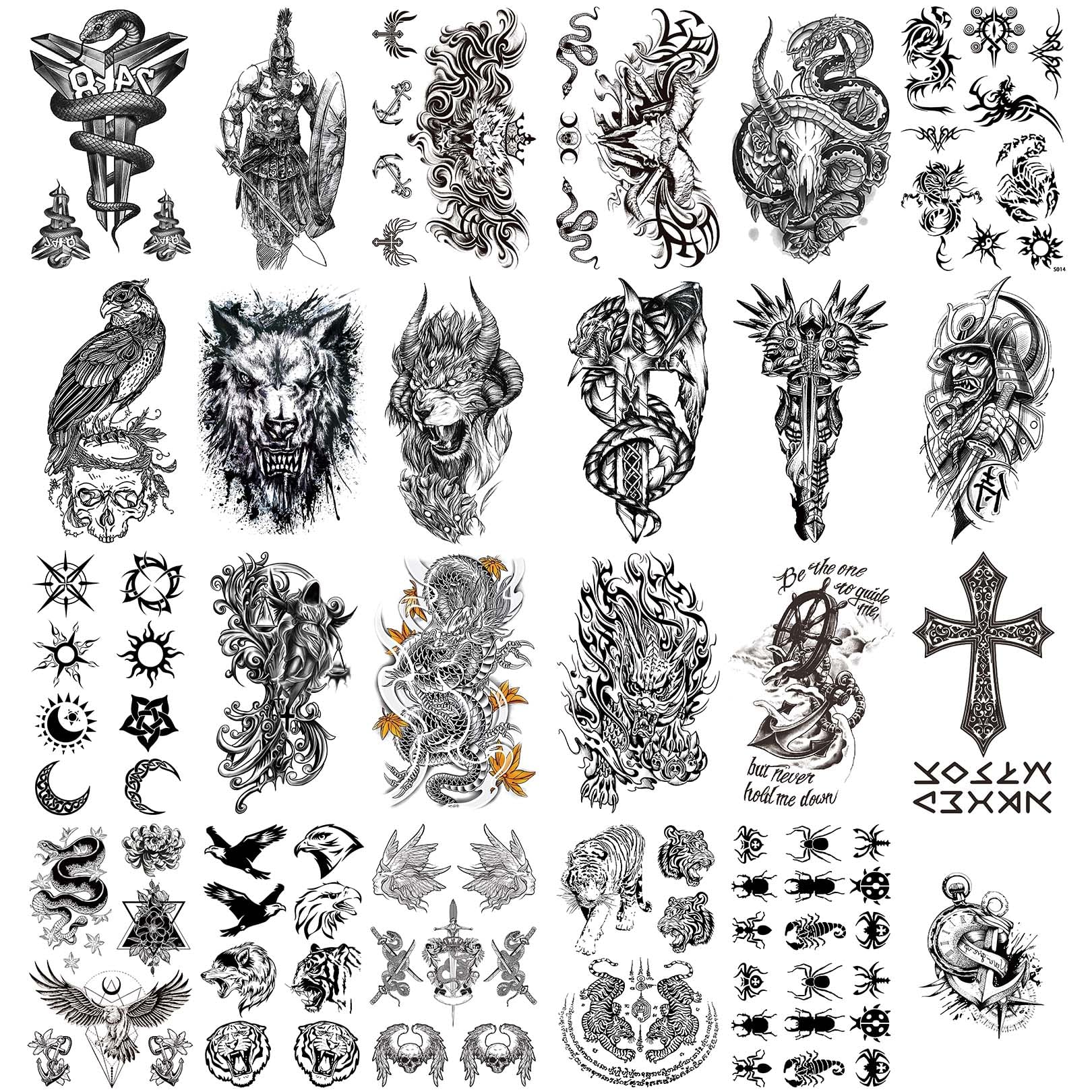 Temporary Tattoos for Men 24 Sheets Mixed Style Temporary Tattoos Stickers for Adults Scary Dragon Snake Tiger Skull Skeleton Fake Tattoos Half Arm Temporary Tattoo for BBQ Pool Beach Party