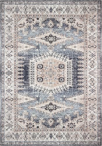 Miniatura 2 de Valenrug Tapete tribal lavable a máquina, 4 x 6 pies, medallón envejecido, color azulbeige