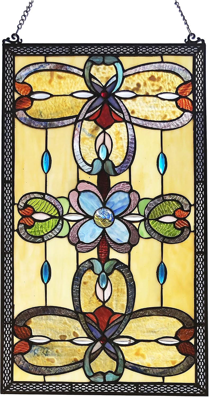 Chloe Lighting Jenice Tiffany-Style Victorian 26" Height Stained Glass Window Panel, Multi-Color