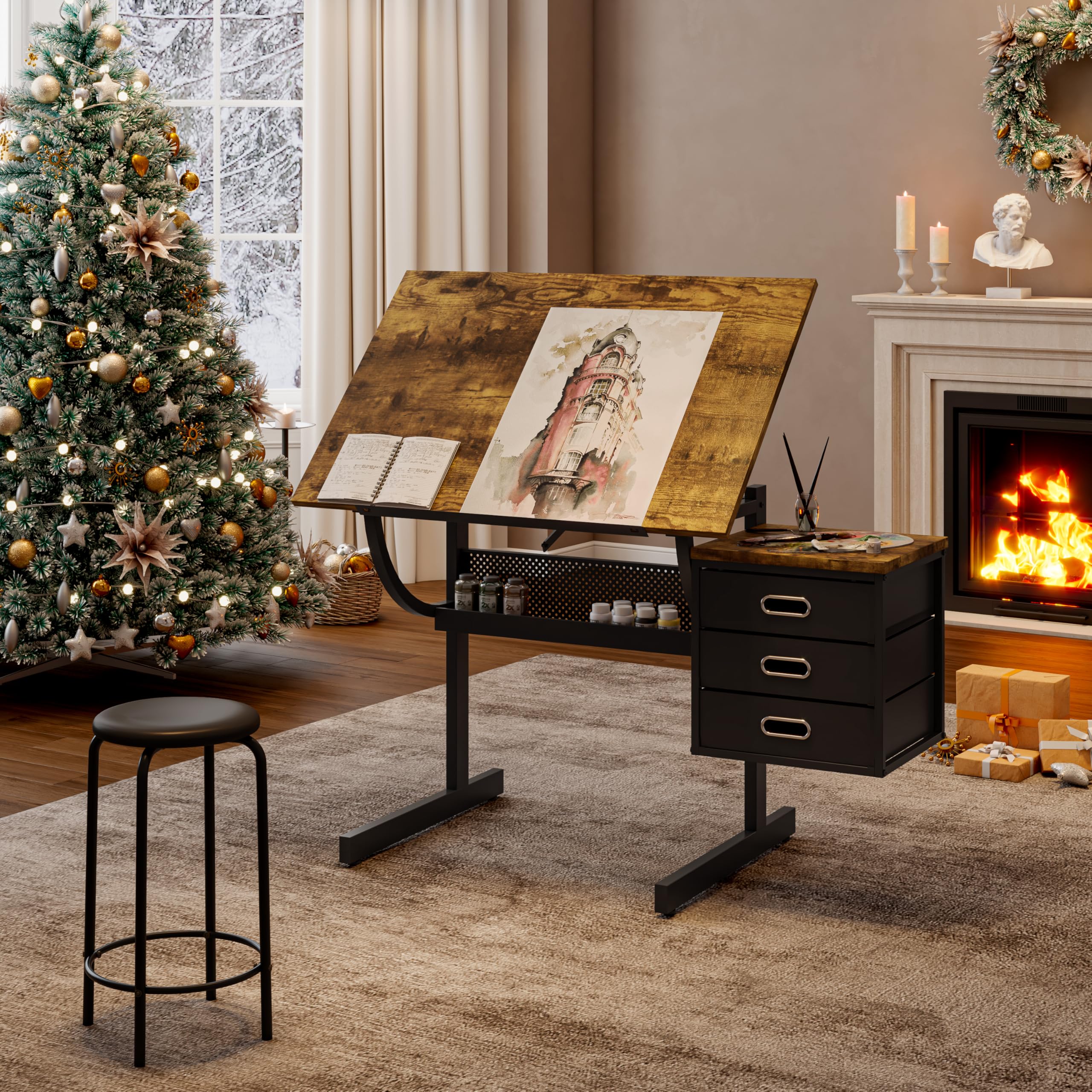 Professional Drafting Table with Stool, Adjustable Drawing Desk for Artists, 0-75° Tilting Architecture Table with 3 Storage Drawers & Large Work Surface(Brown)