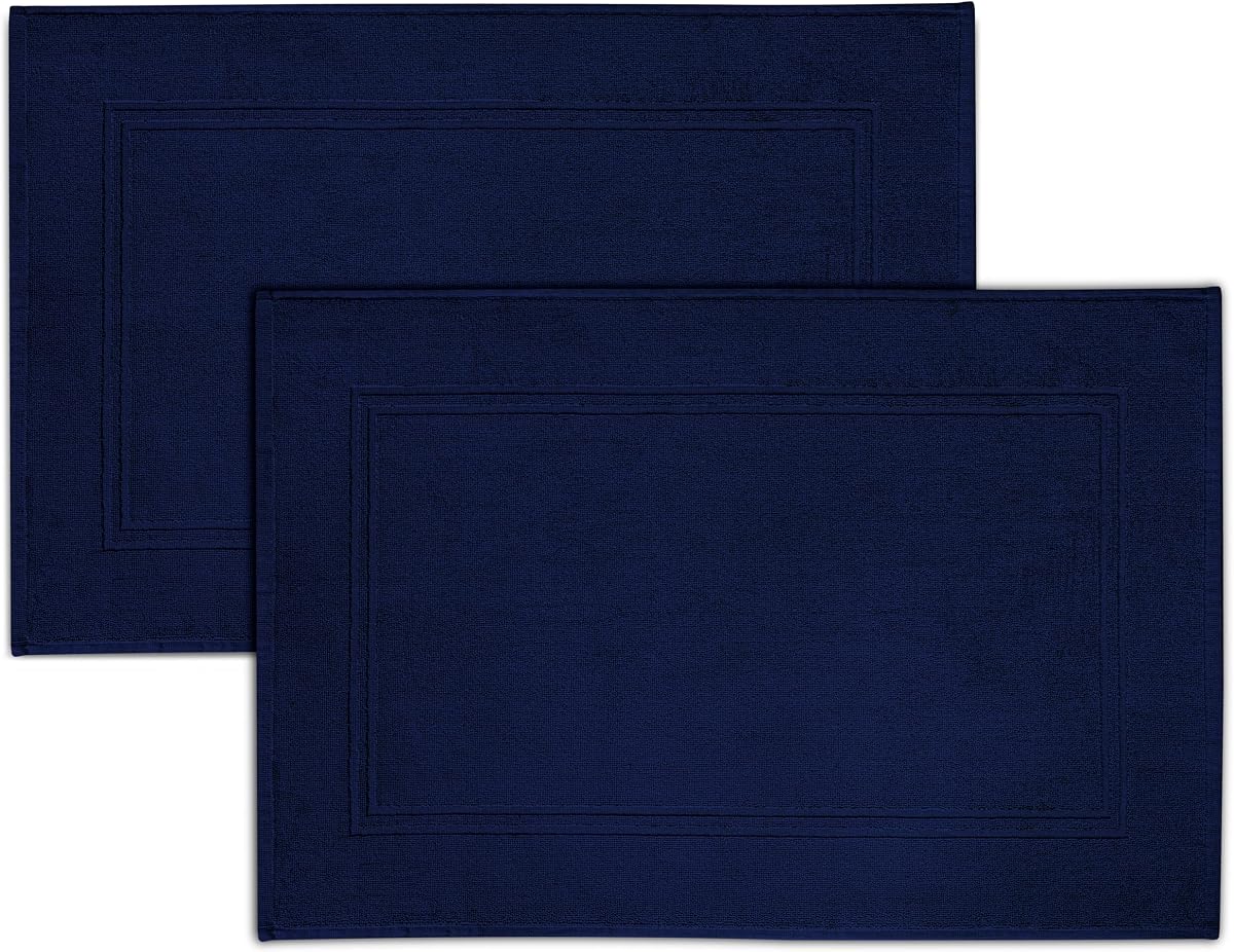 2 Piece Bath Mats 20 x 32 Inches, Navy | 100% Cotton Terry Bath Mats, Super Absorbent, Hotel Quality Premium Floor Towels, Luxurious, Soft & Quick Dry