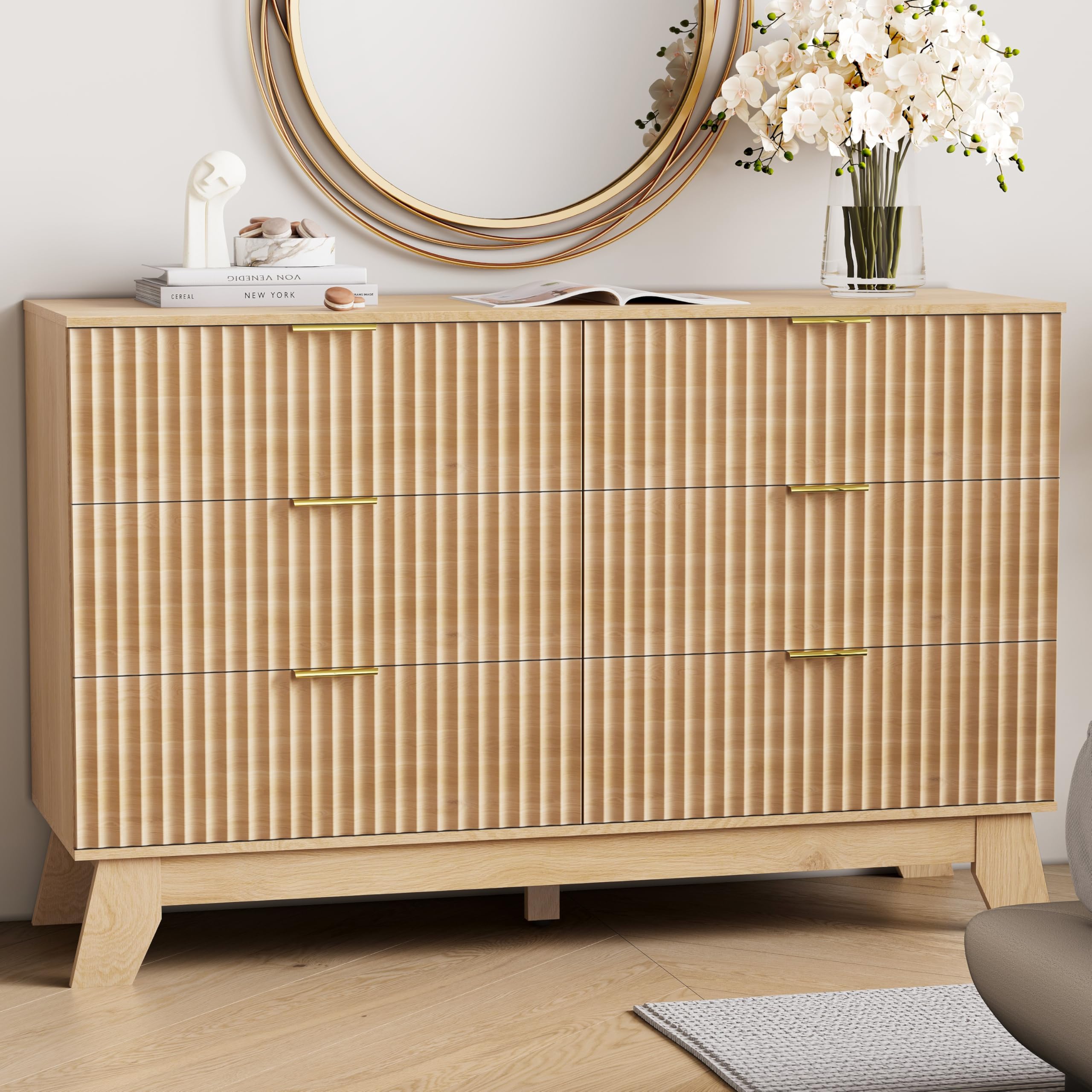 6 Drawer Dresser for Bedroom, Fluted Dressers Chest of Drawers with Gold Handle, Mid Century Modern Dresser for Closet, Wood Closet Storage Organizer Furniture for Bedroom, Living Room, Natural : Home