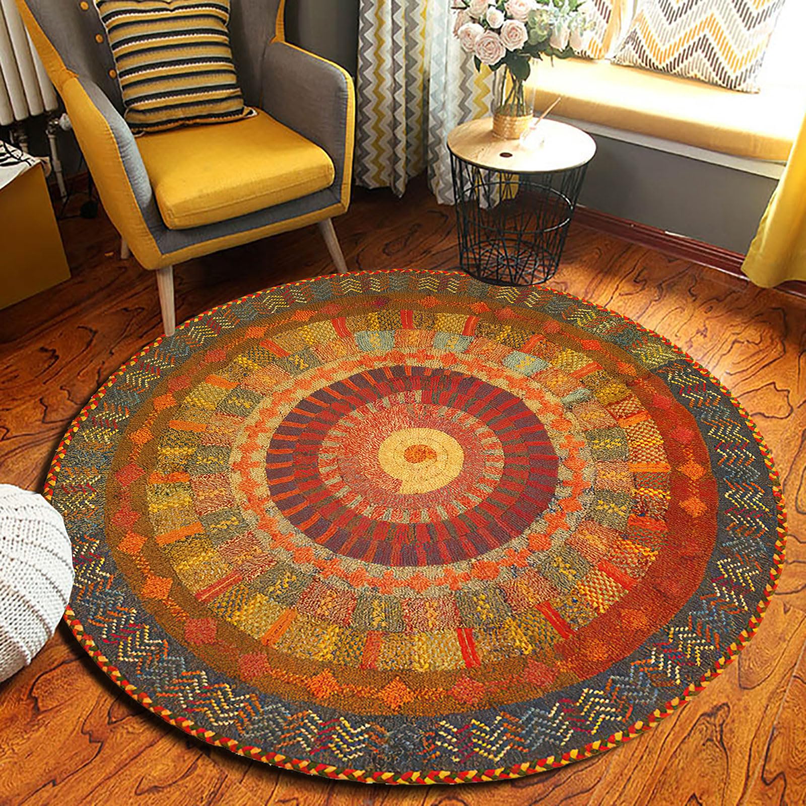 GUGJHFVH Round Living Room Area Rugs ø 110cm Non Slip Washable Rugs Soft Area Rugs for Bedroom Short Pile Non Shedding Floor Carpets Ethnic Style Distressed Color Print