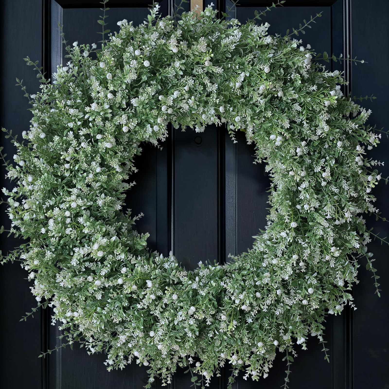 32'' Large Eucalyptus Wreath for Front Door, Porch- Artificial Eucalyptus and Lavender with Babys Breath Flowers Wreath for Home, Farmhouse Wall Decor- Spring, Summer, Fall, All Seasons (White-Green)