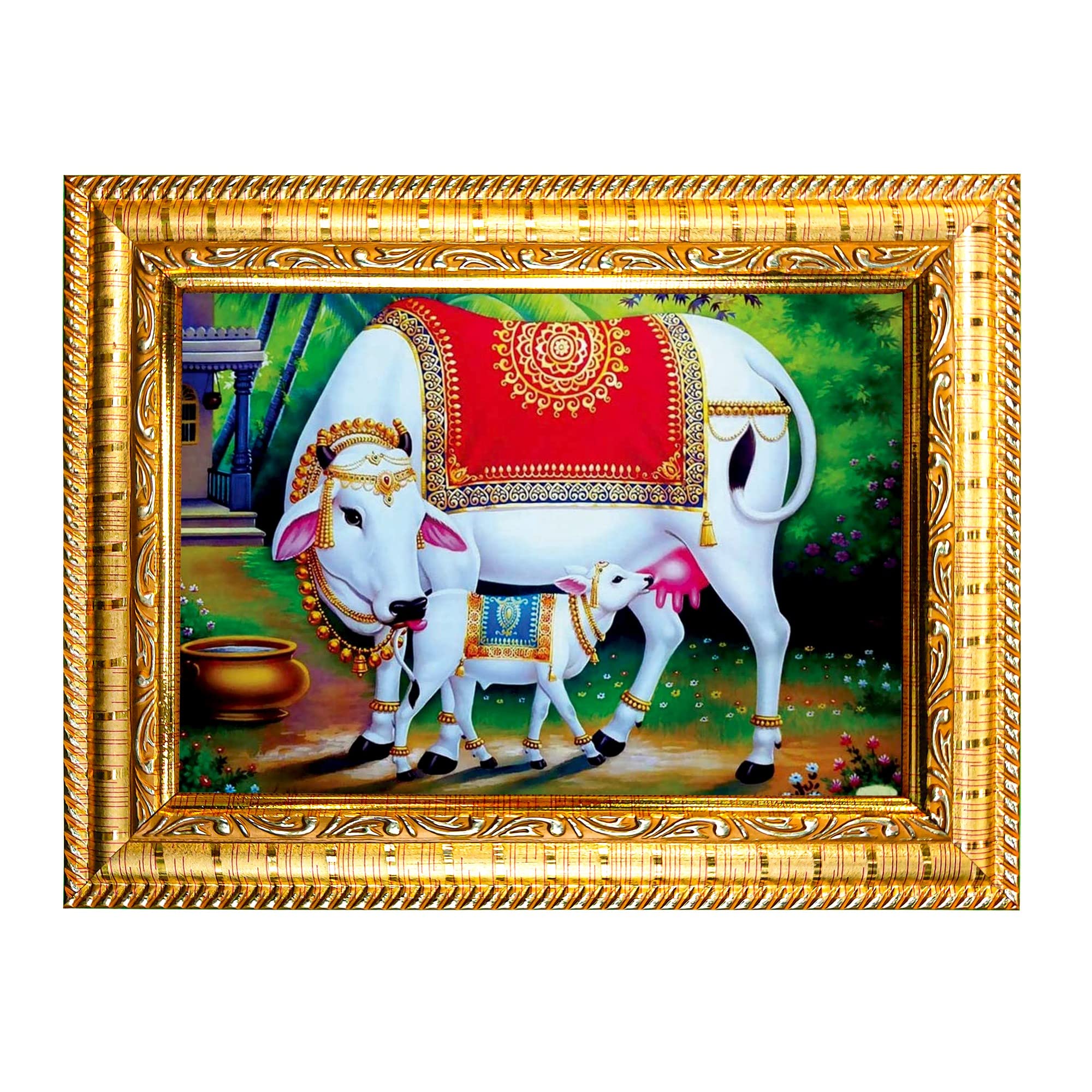 Hawai Holy Kamdhenu Cow with Calf Photo Frame| Engineered Wood Wall Hanging Home Decor Religious Frame | For Home Office Pooja Room Shop Temple | Size- 8.5x7inch, SFDI289GLDFRM-image-37