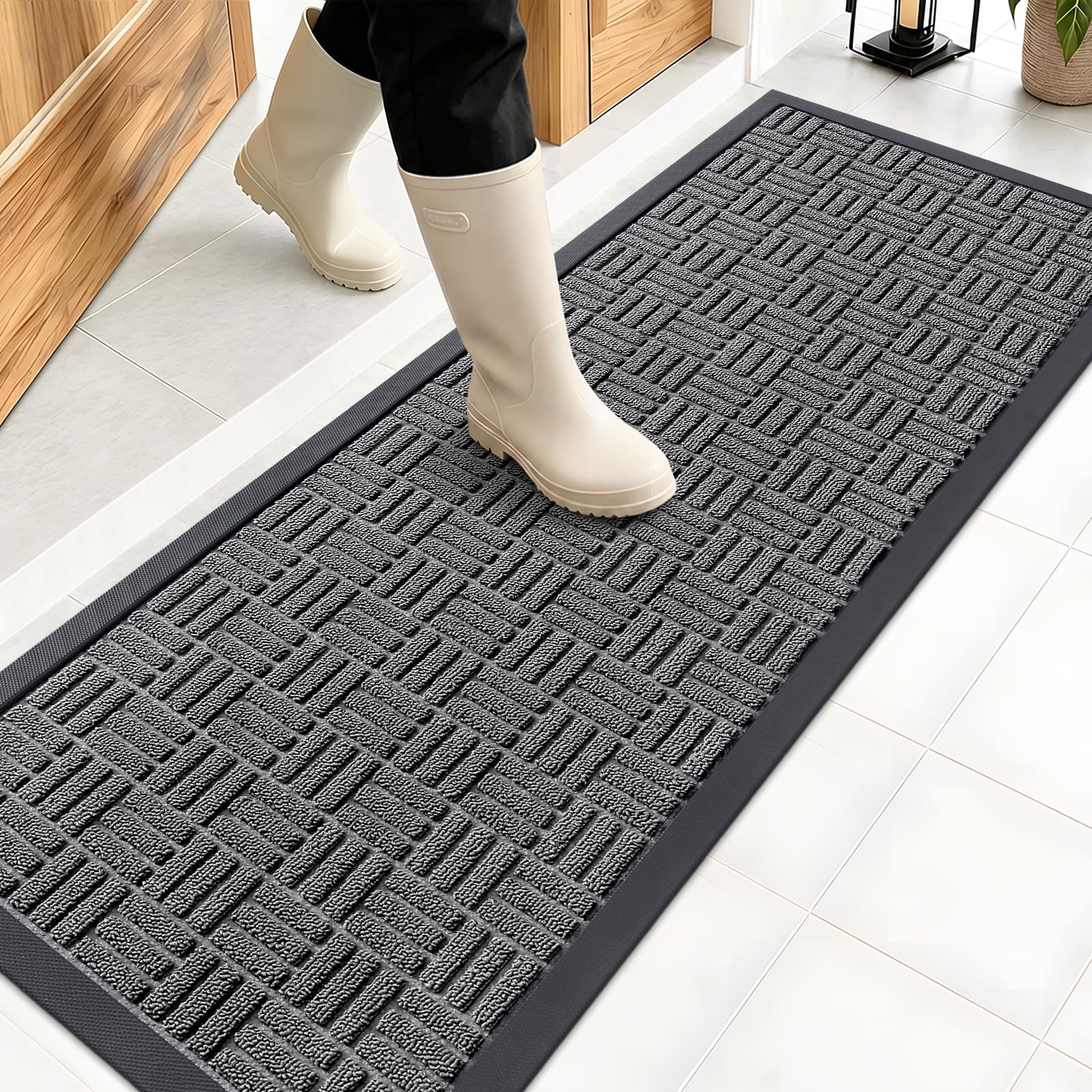 Photo 1 of OLANLY Front Door Mat Outside Entrance 47x17, Absorbent, Heavy Duty Sturdy Natural Rubber Doormat Indoor Outdoor, Stain and Fade Resistant, Non-Slip Backing Low Profile Floor Mat for Entryway, Grey