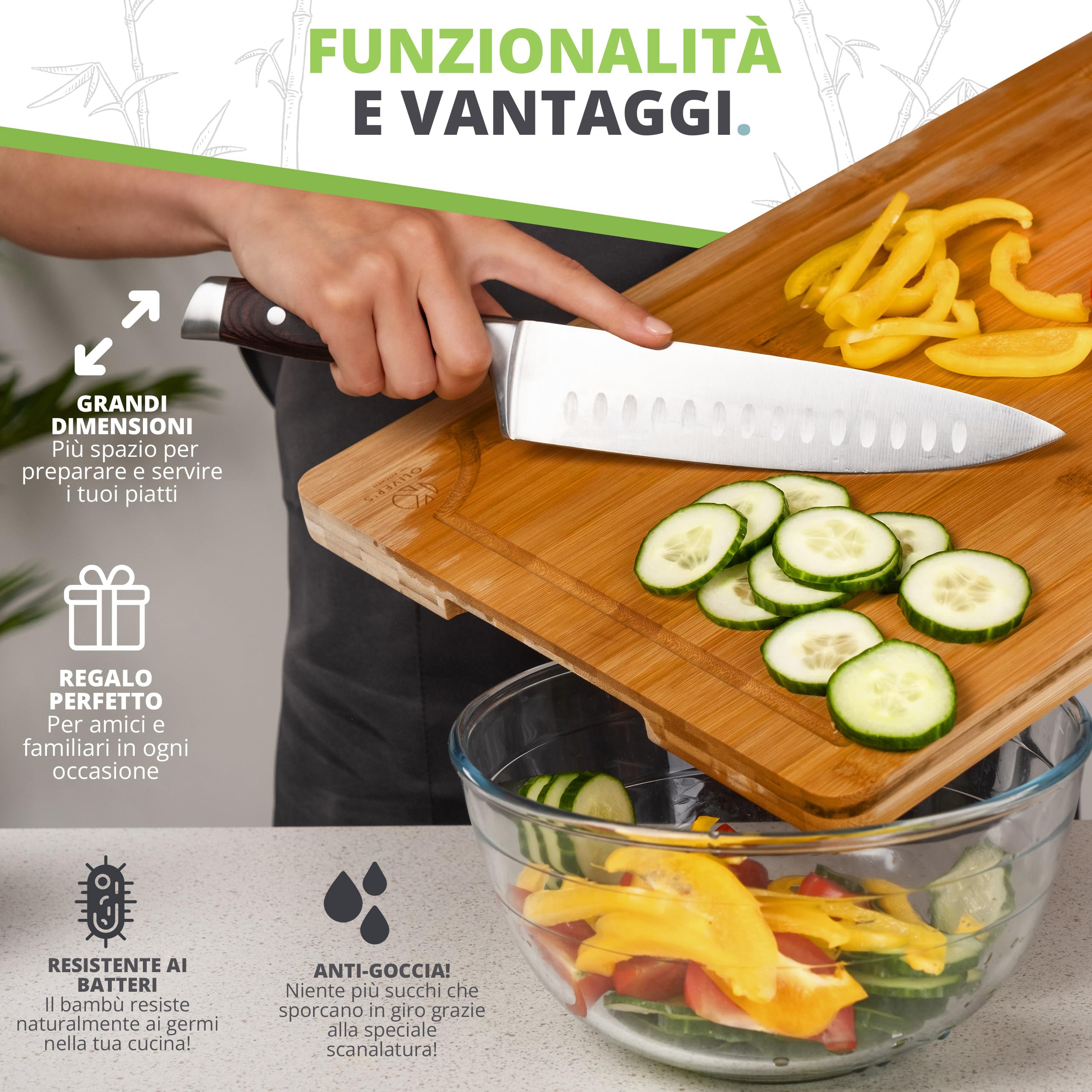 Tagliere da Cucina Grande in legno 100% bio Oliver's Kitchen – 45 x 30 x 3 cm – Tagliere in Legno Reversibile – Resistente, Durevole ed Elegante – Facile da Pulire - Con Scanalatura Anti-goccia
