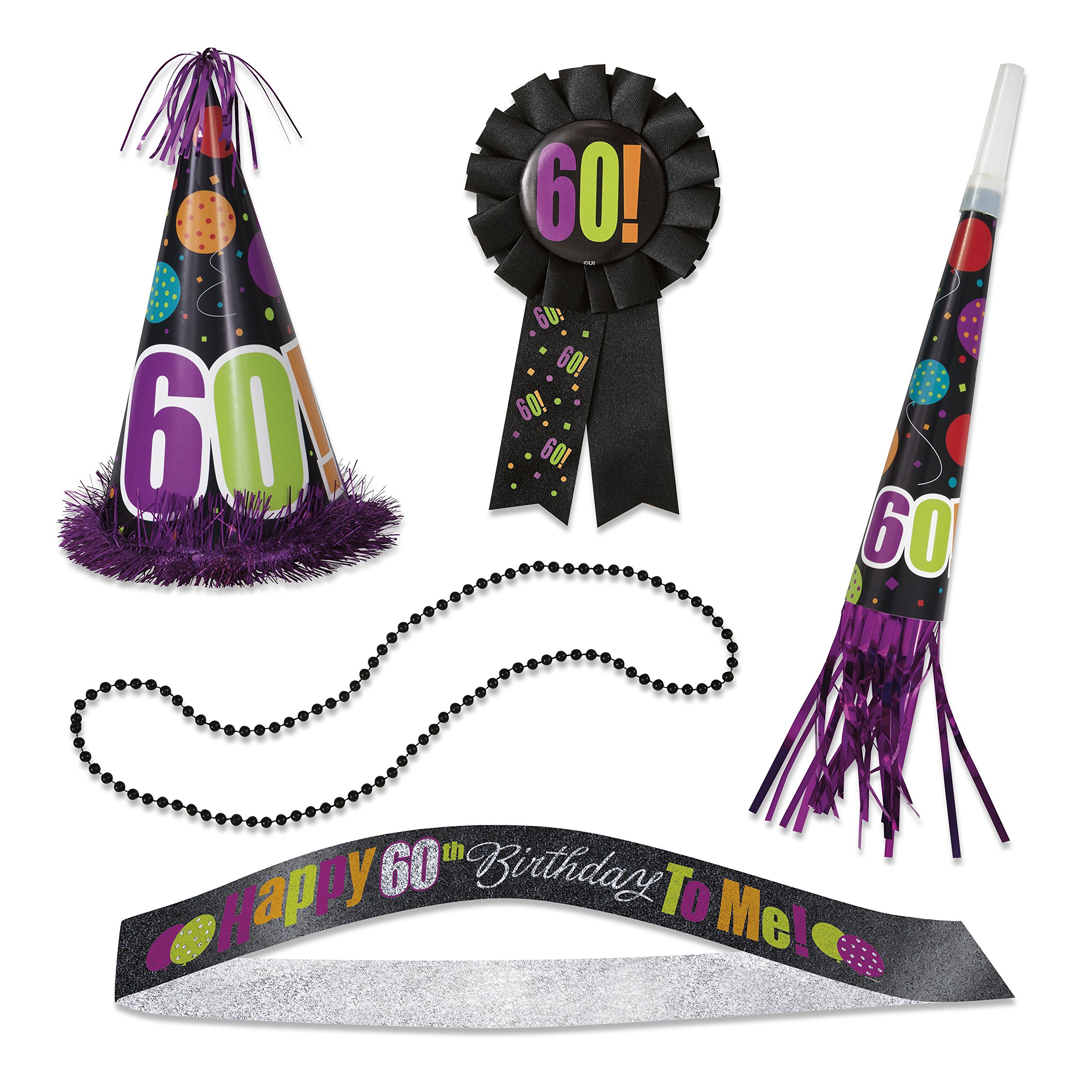 60. Geburtstag Party-Set – 5-teilig Mit Hut, Schärpe, Partyhorn, Band & Perlenkette (bunt, Aus Kunststoff)