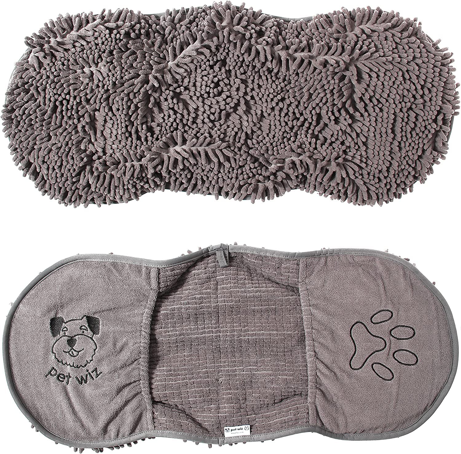 Pet Wiz Grey Towel - 82Cm X 32Cm Microfibre Noodle/Chenille Towel, Super Absorbent, Quick Drying, Lightweight, With Handy Glove Compartments, 82Cm X 32Cm (Grey)