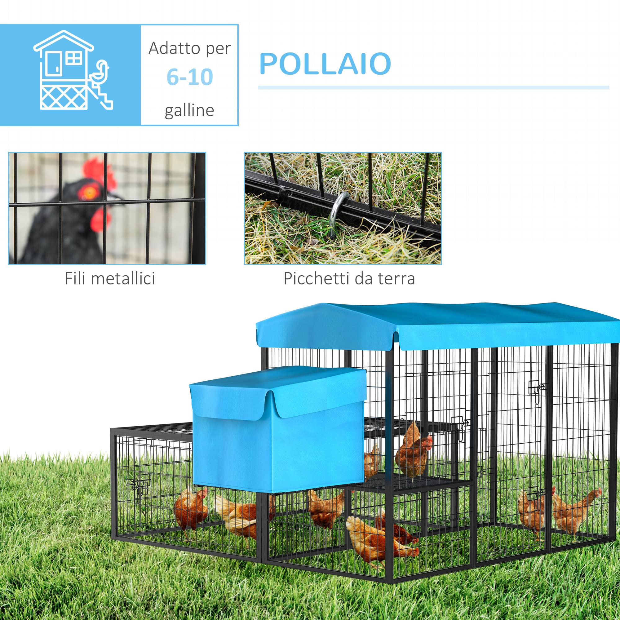 PawHut Pollaio da Giardino Componibile 6-10 Galline Blu 200x165.5x103cm | 2 Gabbie in Acciaio, Gabbia per Galline, Copertura in Poliestere