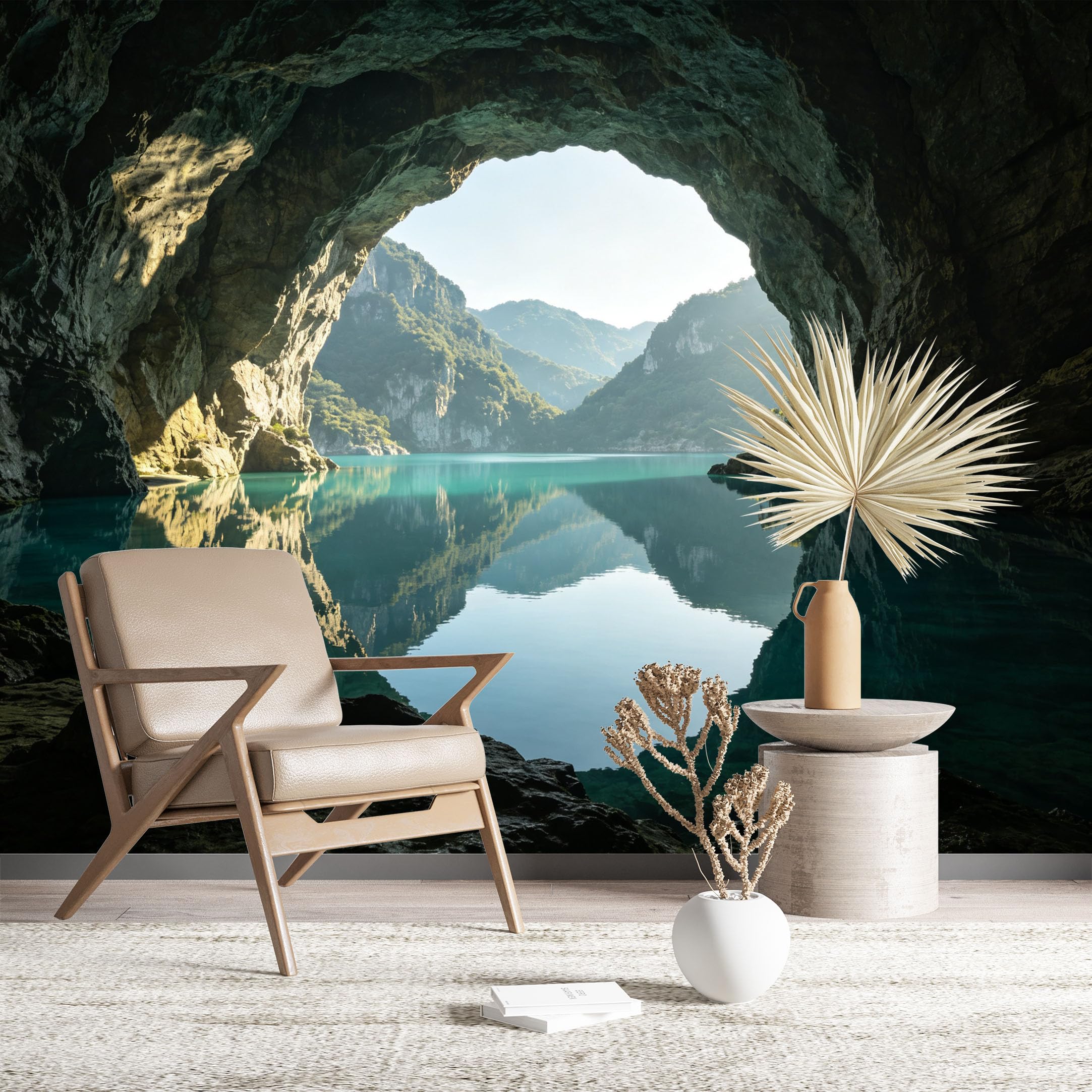 Custom Size Wall Murals Crystal Clear Lake Seen Through Cave Wall Covering Fabric Self-Adhesive Wall Fabric (NO PVC) Removable Wallpaper for Living Room Bedroom