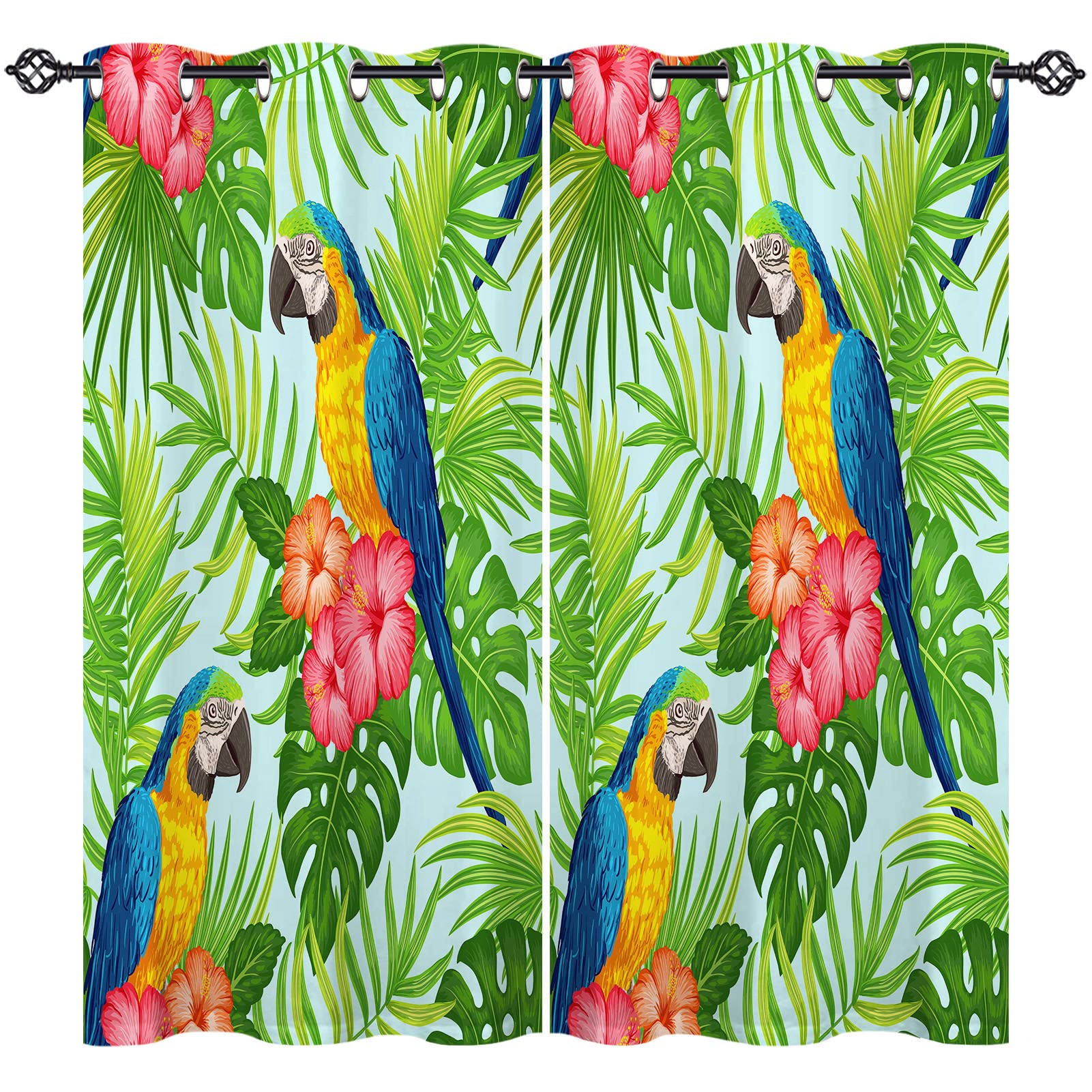 ANHOPE Parrot Curtains Eyelet Thermal Insulated Blackout Curtains Tropical Jungle Palm Leaf Floral Macaw Print Pattern Ring Top Window Drapes for Bedroom Living Room 46 x 54 Inch Drop 2 Panels โ image 1