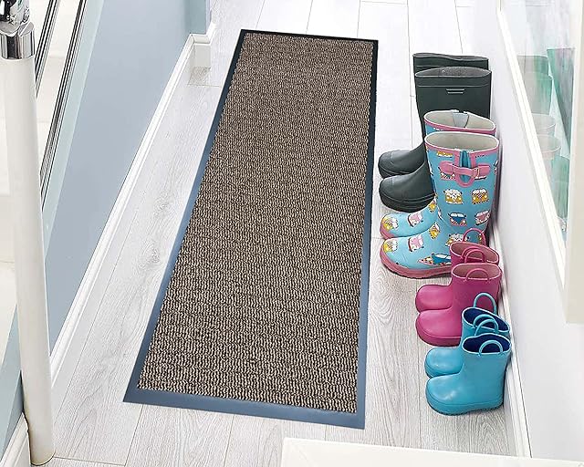 TrendMakers Hardwearing Heavy Duty PVC Edge Pile Top Rubber Barrier Mat Entrance Door Kitchen Floor Runners Mats Rugs | 60cm x 180cm | Beige/Black | POLYPROPYLENE PILE