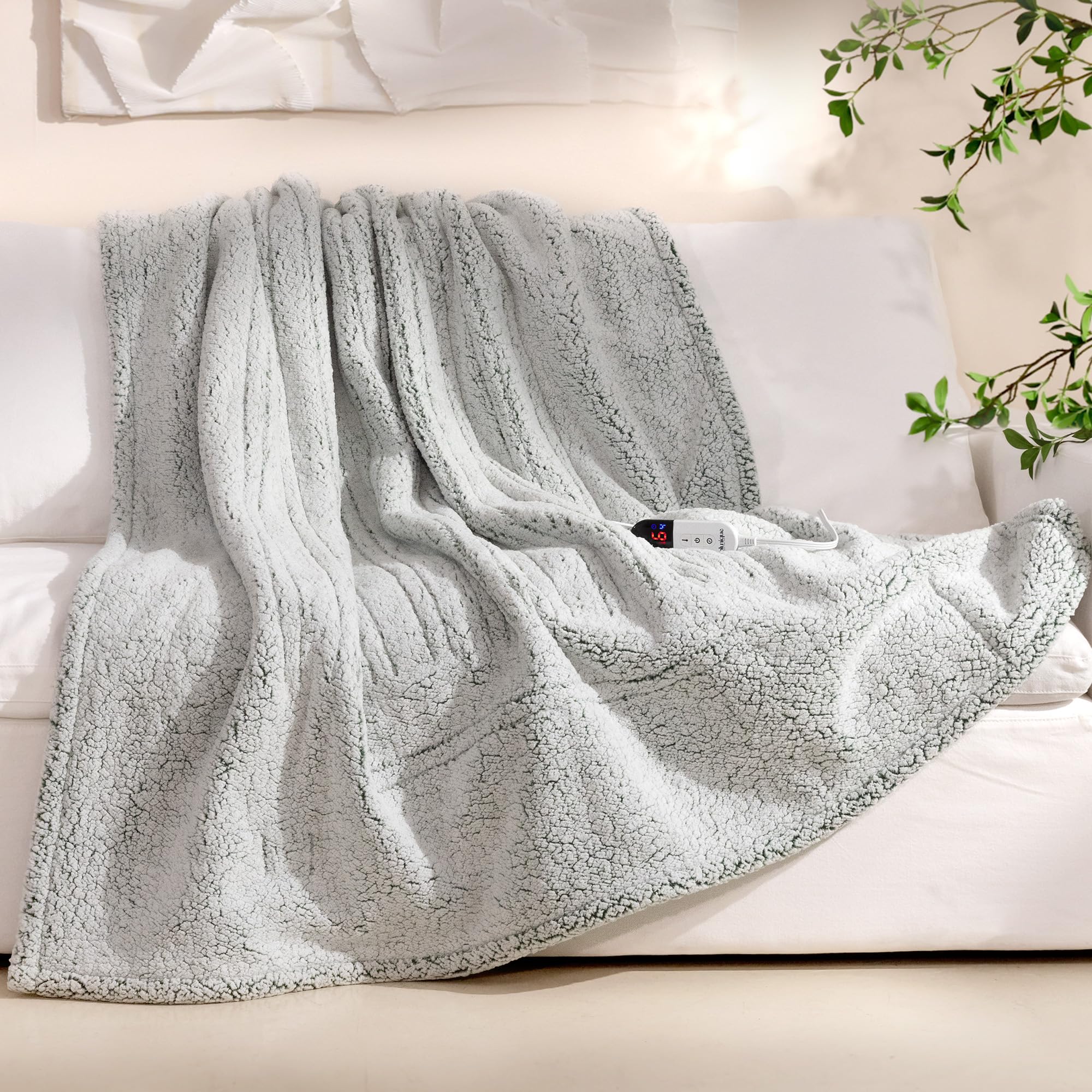 Electric Blanket Heated Throw Soft Double Sherpa Super Cozy with 6 Fast Heating Levels & 1-4 Hours Auto-Off, Over-Heat Protection, Machine Washable-Sage Green