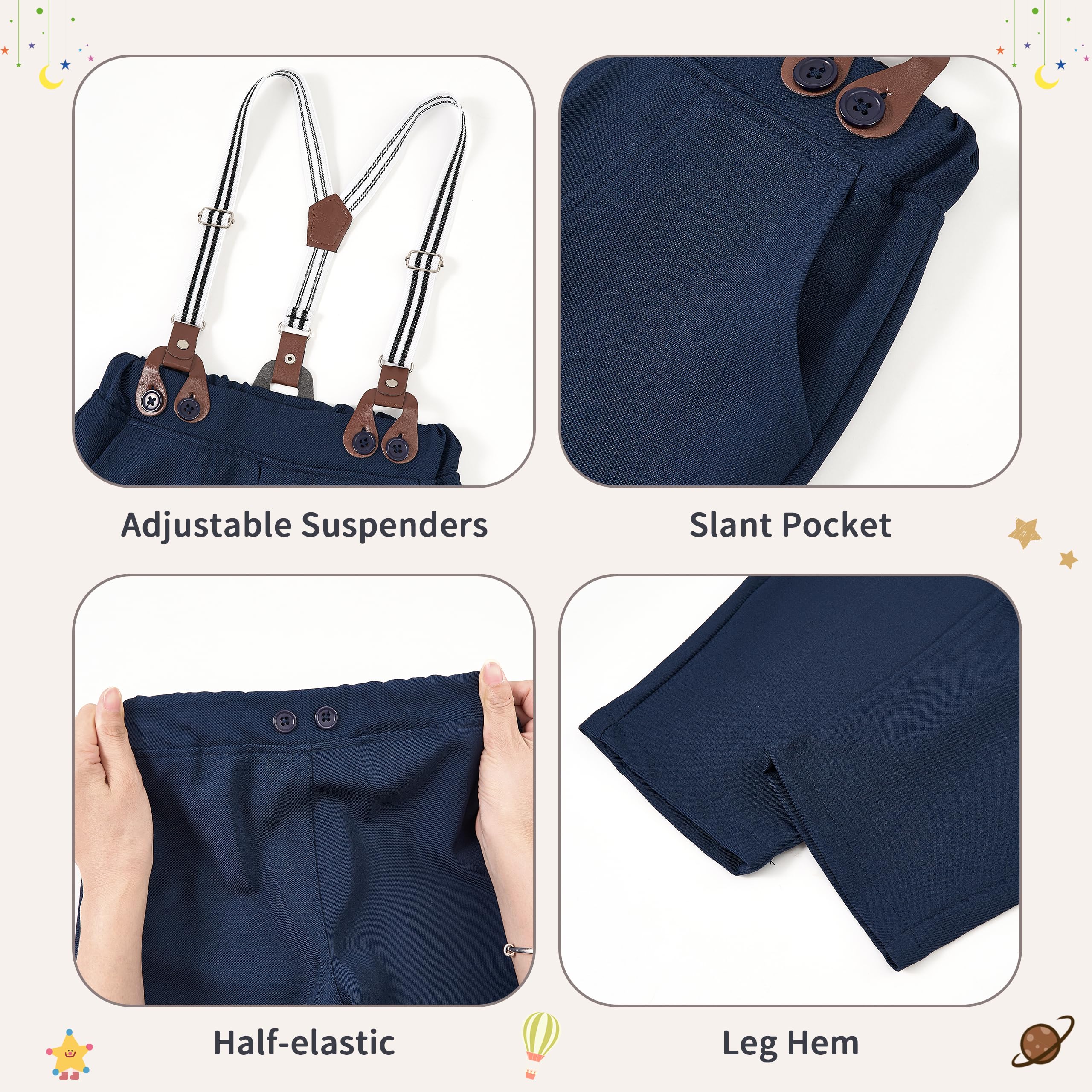 Volunboy Traje Formal para Bebé Niño, Pelele Manga Corta con Pantalón Tirantes, Boina y Pajarita, Conjunto Elegante Boda