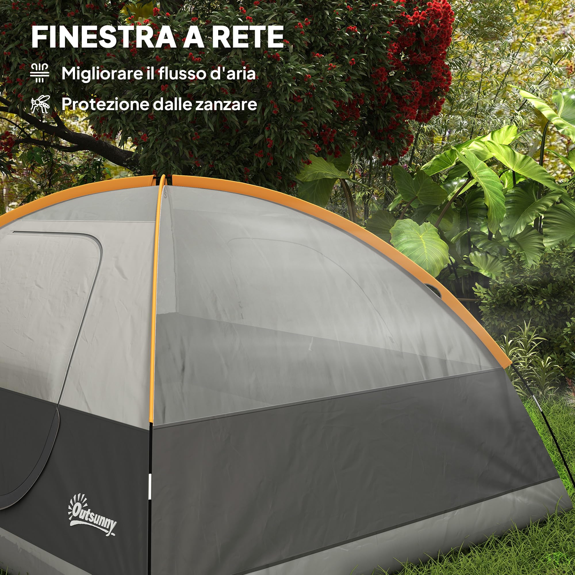 Outsunny Tenda da Campeggio Famigliare per 3 Persone, Tenda da Trekking a Cupola Impermeabile 3000mm con Porta di Ricarica, Tasche, Gancio per Lanterna e Borsa di Trasporto, Arancione e Grigio