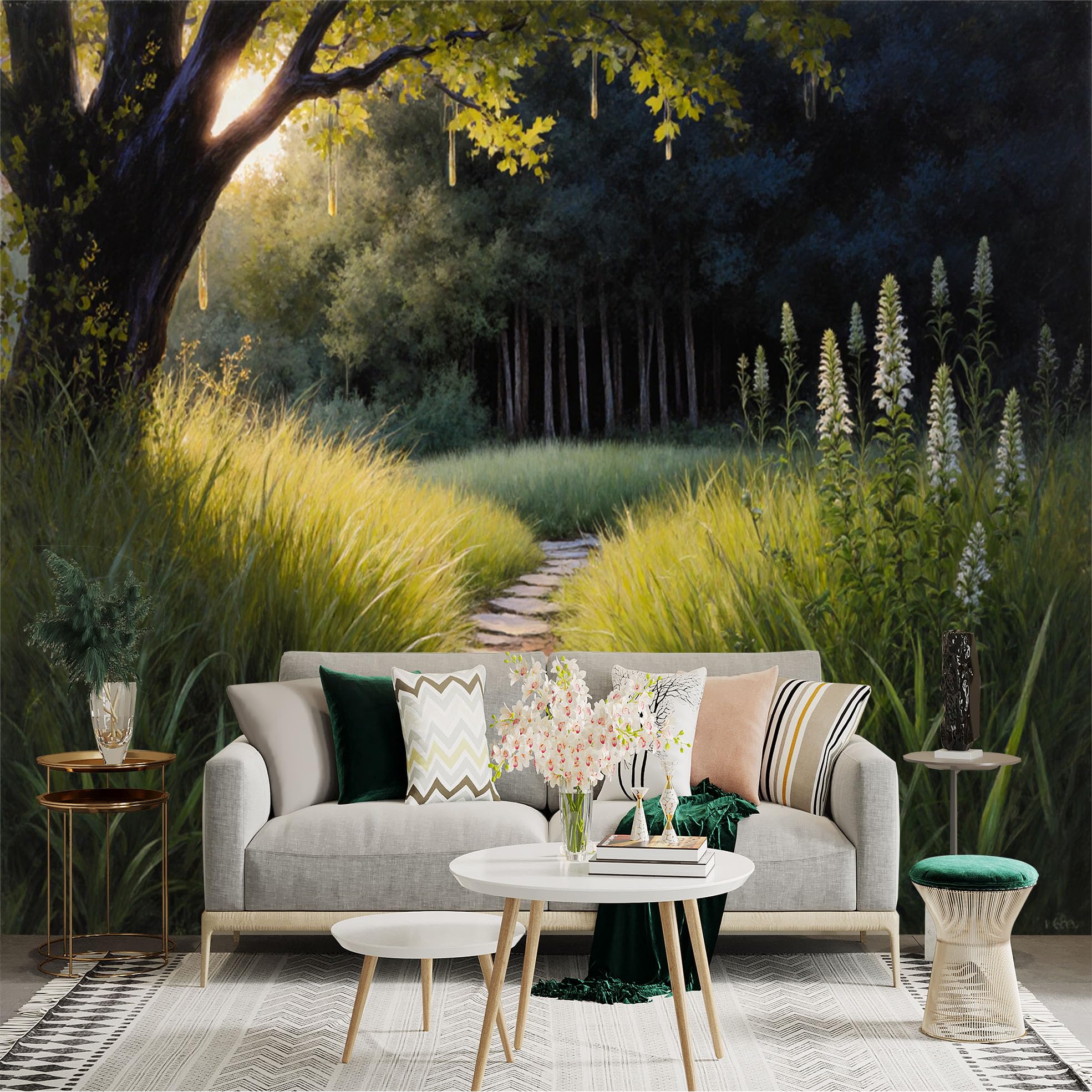 Custom Size Wall Sticker Mural， Sunlit Forest Path with Green Grass， Tree and White Wildflowers， for wall Decoration， peelandstick wall Decals.