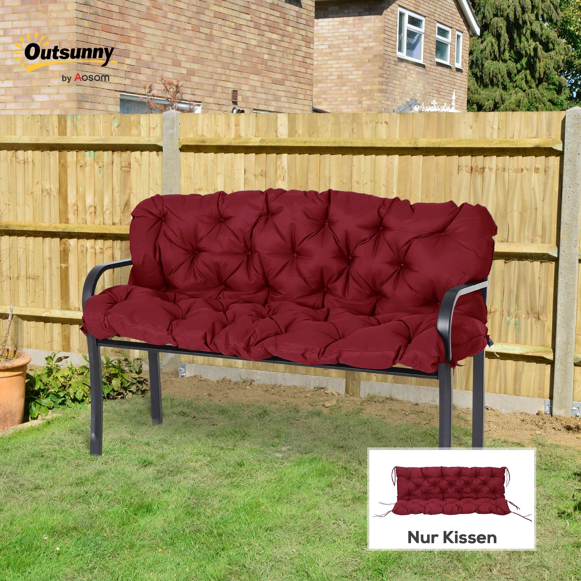 Outsunny Cojín para Banco de 3 Plazas 150 x 98 x 8 cm, Cojín para Banco con Correas, Cojín de Asiento para Muebles de Jardín