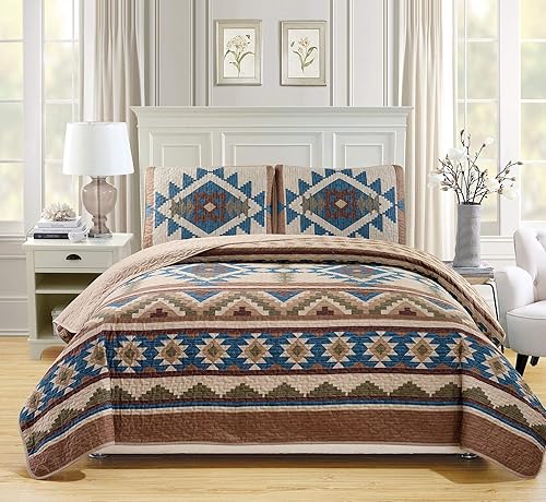 Set de cobertores con diseño de nativo americano Tribal Navajo. 3 unidades multicolores, beige, gris topo, café, azul, verde. Extra grande.